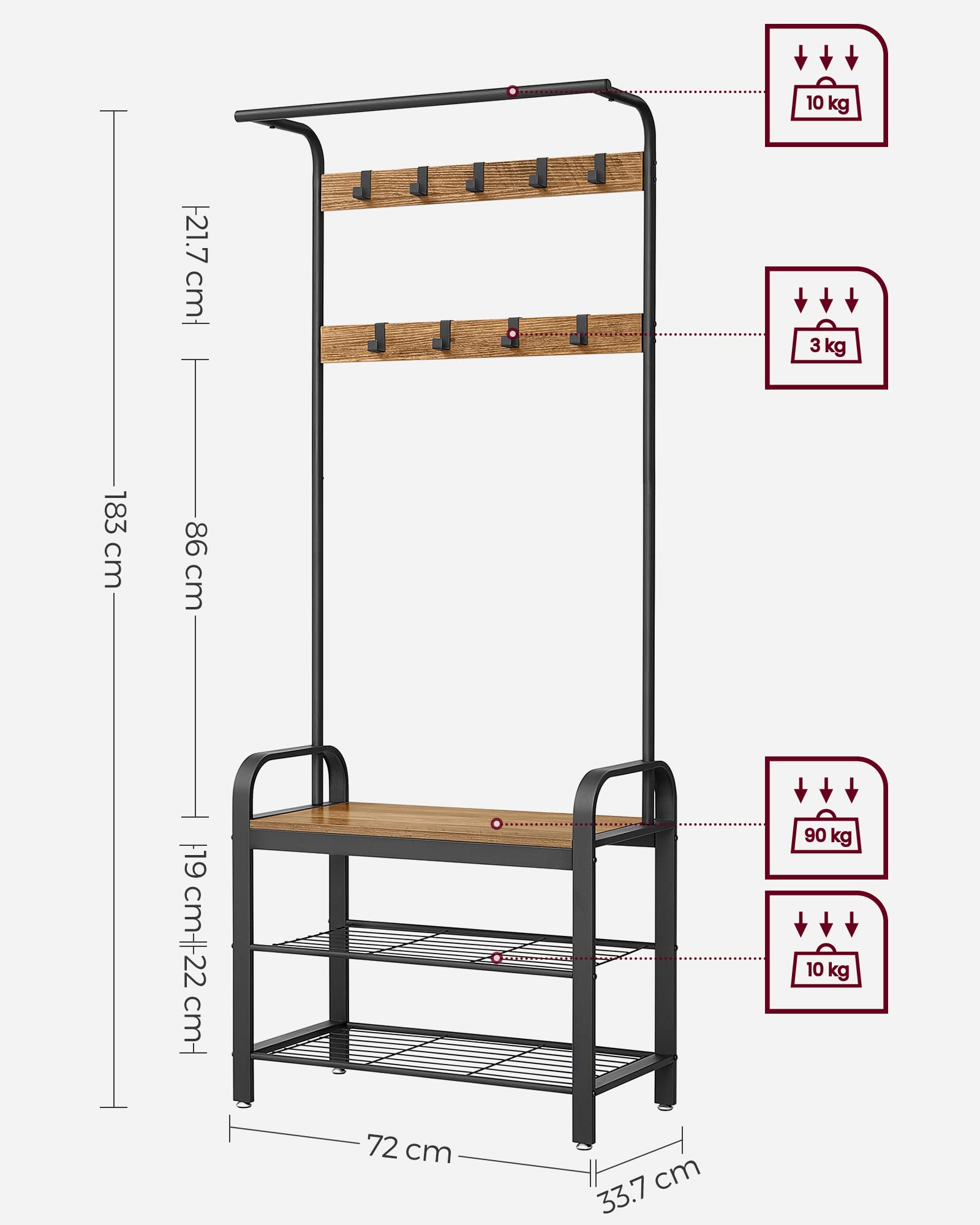 VASAGLE Coat Rack Stand with Shoe Storage Bench | 4-in-1 Design | 9 Removable Hooks | Rustic Walnut & Black 7