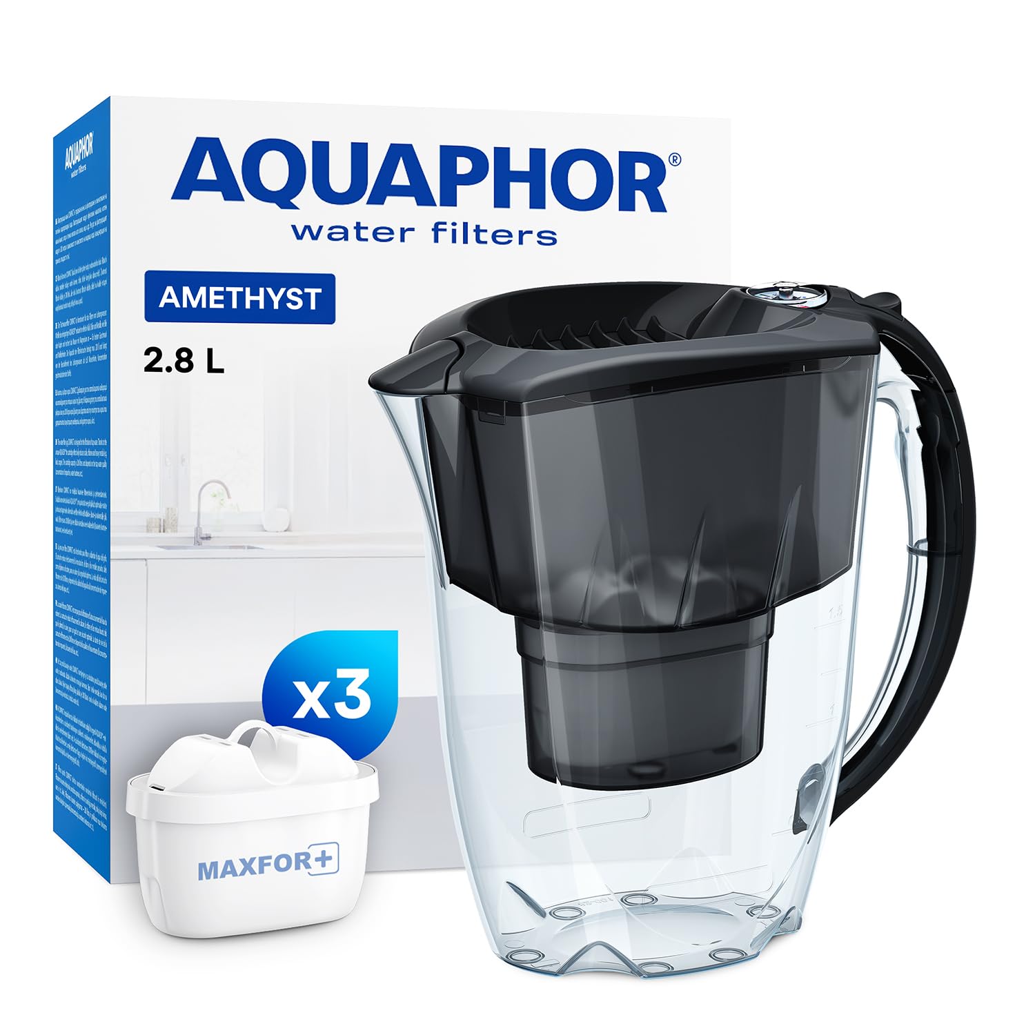 AQUAPHOR Amethyst Water Filter Jug - Reduces Lime, Chlorine & Heavy Metals | 2.8L Capacity | Includes 3 Maxfor+ Cartridges