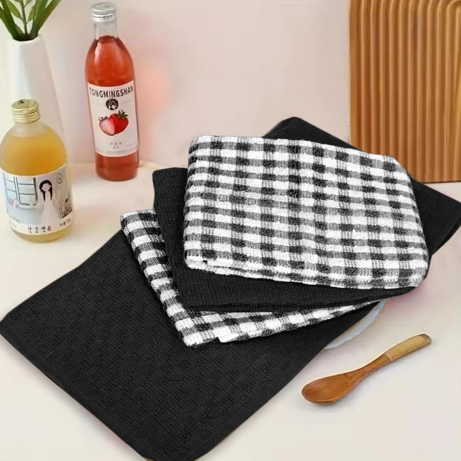 Casabella Pack of 6 Terry Cotton Kitchen Tea Towels - Black | Highly Absorbent | 45x65cm 4