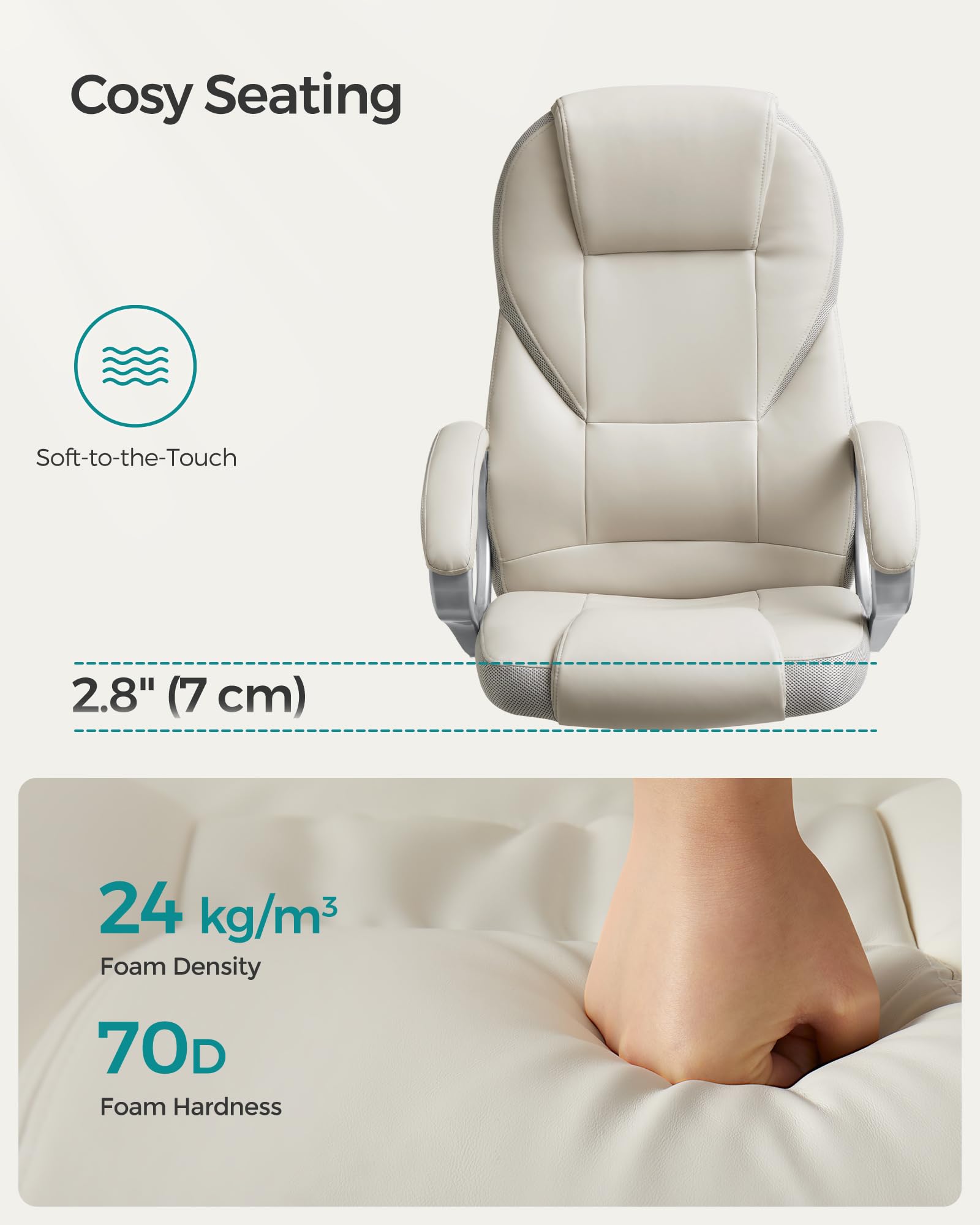 SONGMICS Ergonomic Swivel Desk Chair - Adjustable Height, Silent Castors, Cream White | OBG022W11 4