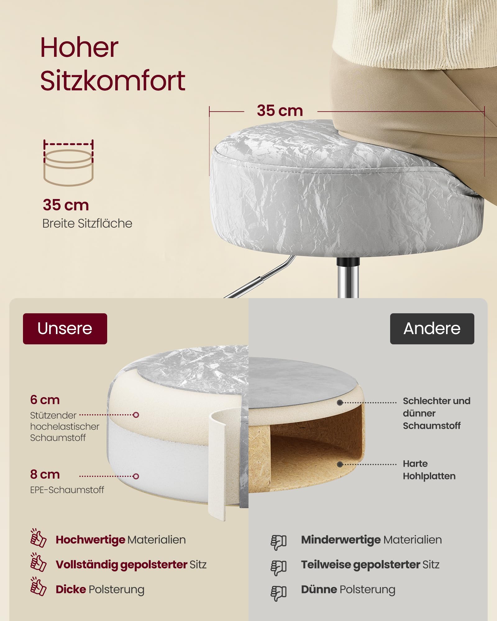 VASAGLE Height Adjustable Makeup Vanity Stool - Dove Grey PU Leather | 360° Swivel | 45.5-57.5 cm Height 5