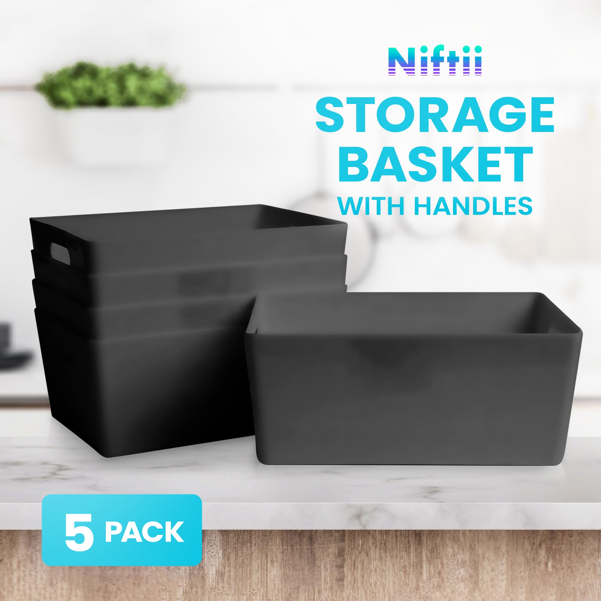 Niftii 5-Pack Plastic Shelf Baskets with Sturdy Handles | 3.9L Capacity | Black 3