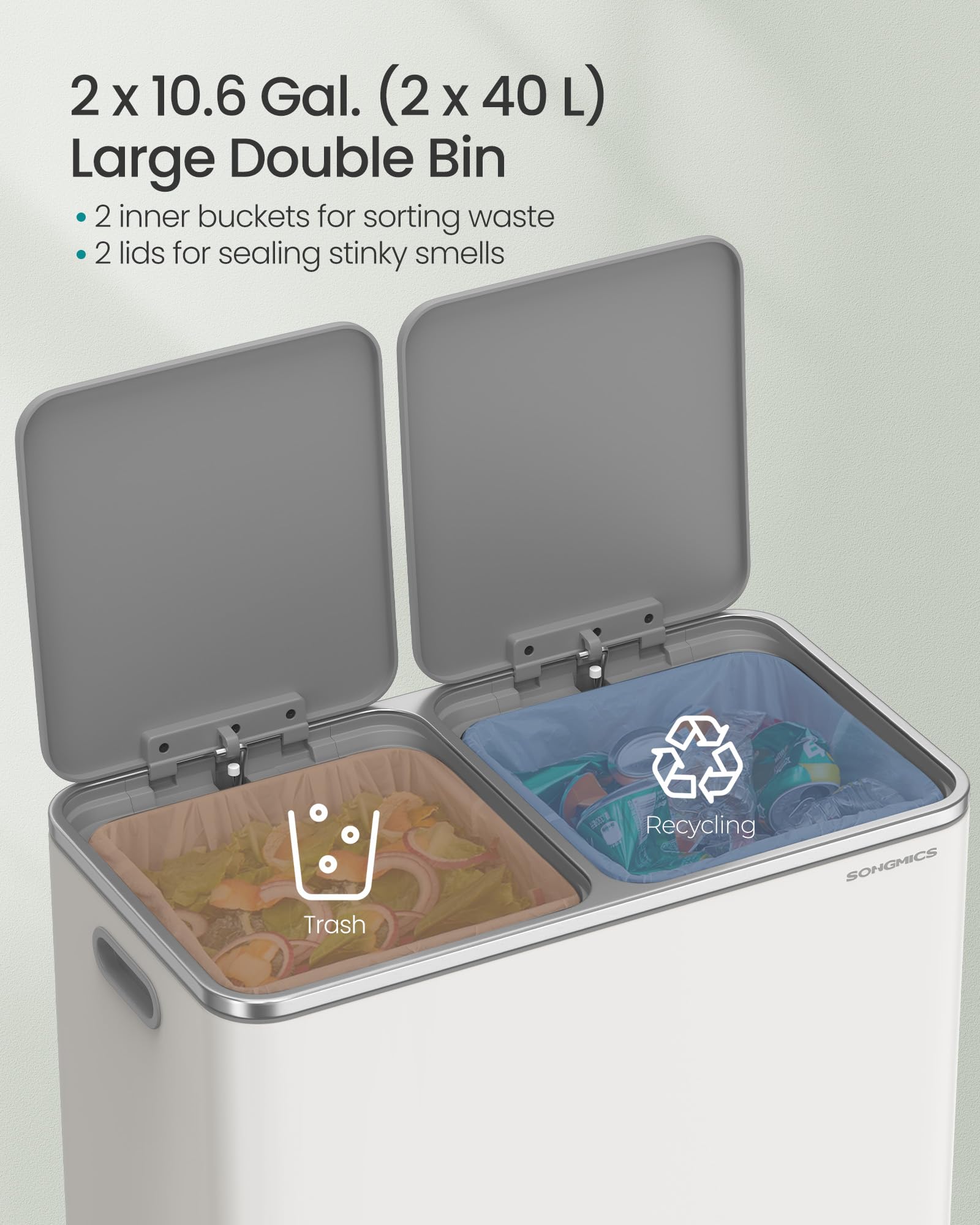 SONGMICS Dual Recycling Bin - 2 Compartments 80L Total | Soft Close | White/Grey 3