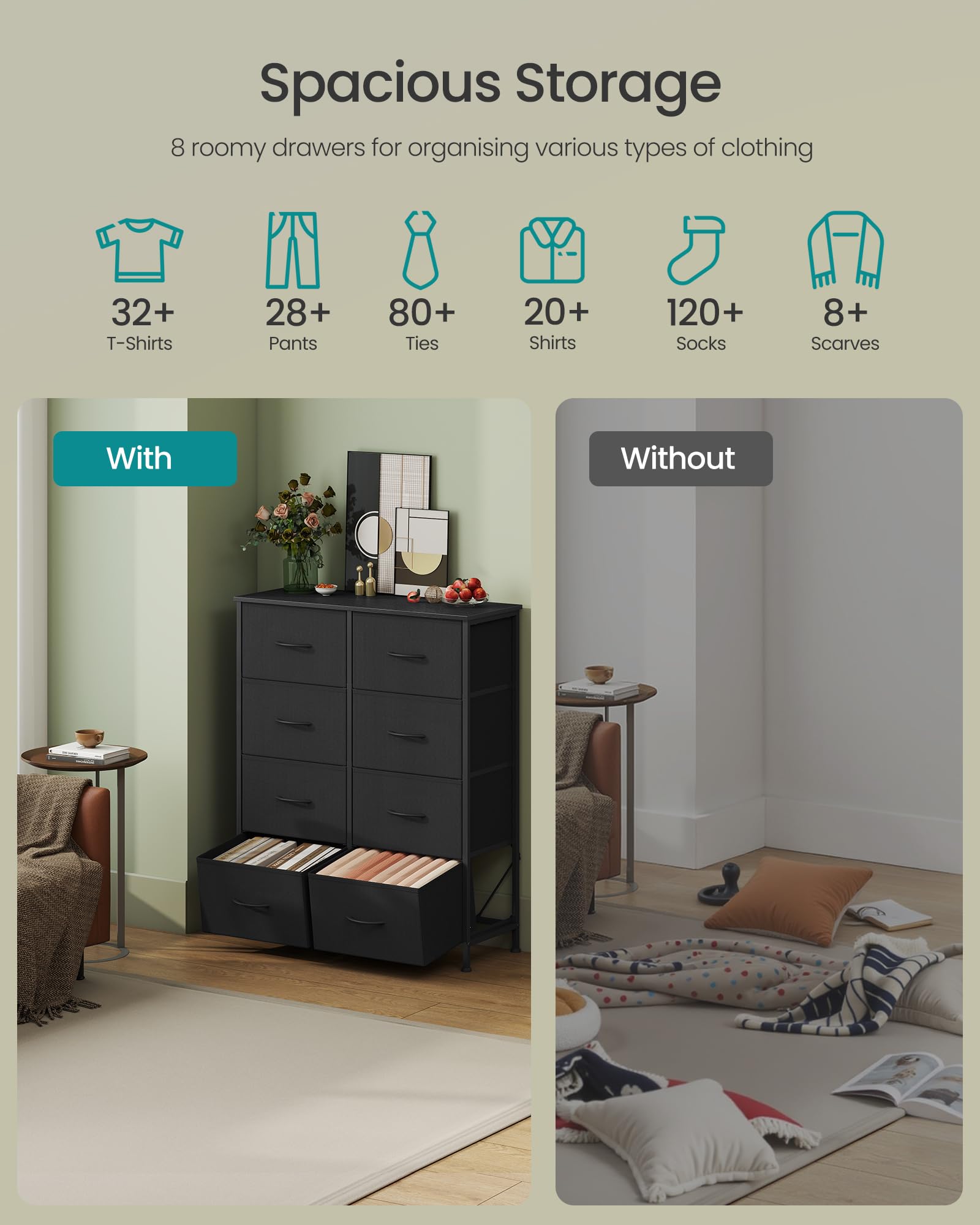 SONGMICS Chest of Drawers - 8 Fabric Drawers Storage Unit | Steel Frame | Ink Black/Ebony Black 4