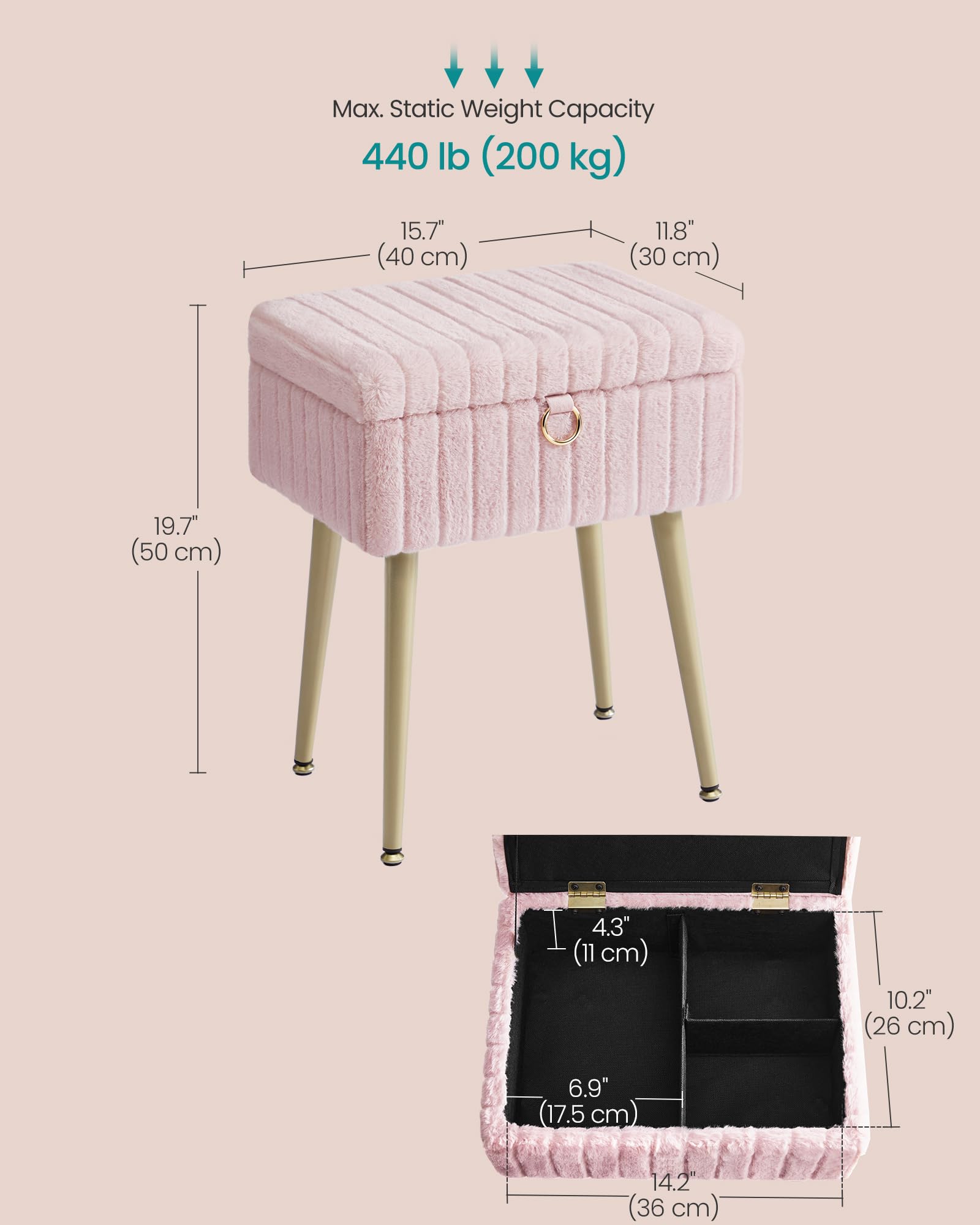 SONGMICS Vanity Stool with Storage - Rectangular, Jelly Pink, Metal Legs | Supports 200 kg 2