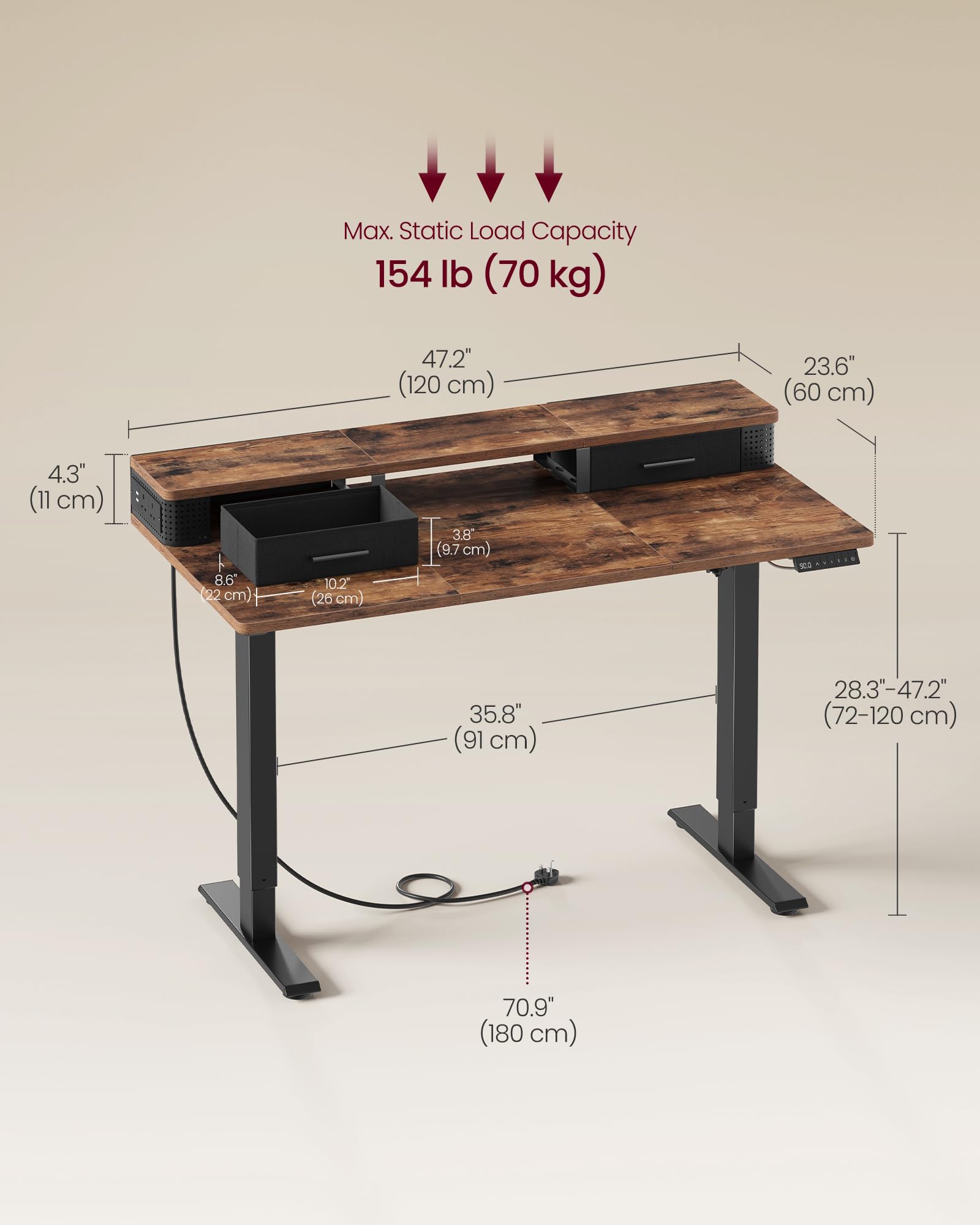 VASAGLE Electric Standing Desk - Adjustable Height 72-120 cm | Built-In Power Strip | Rustic Brown 3