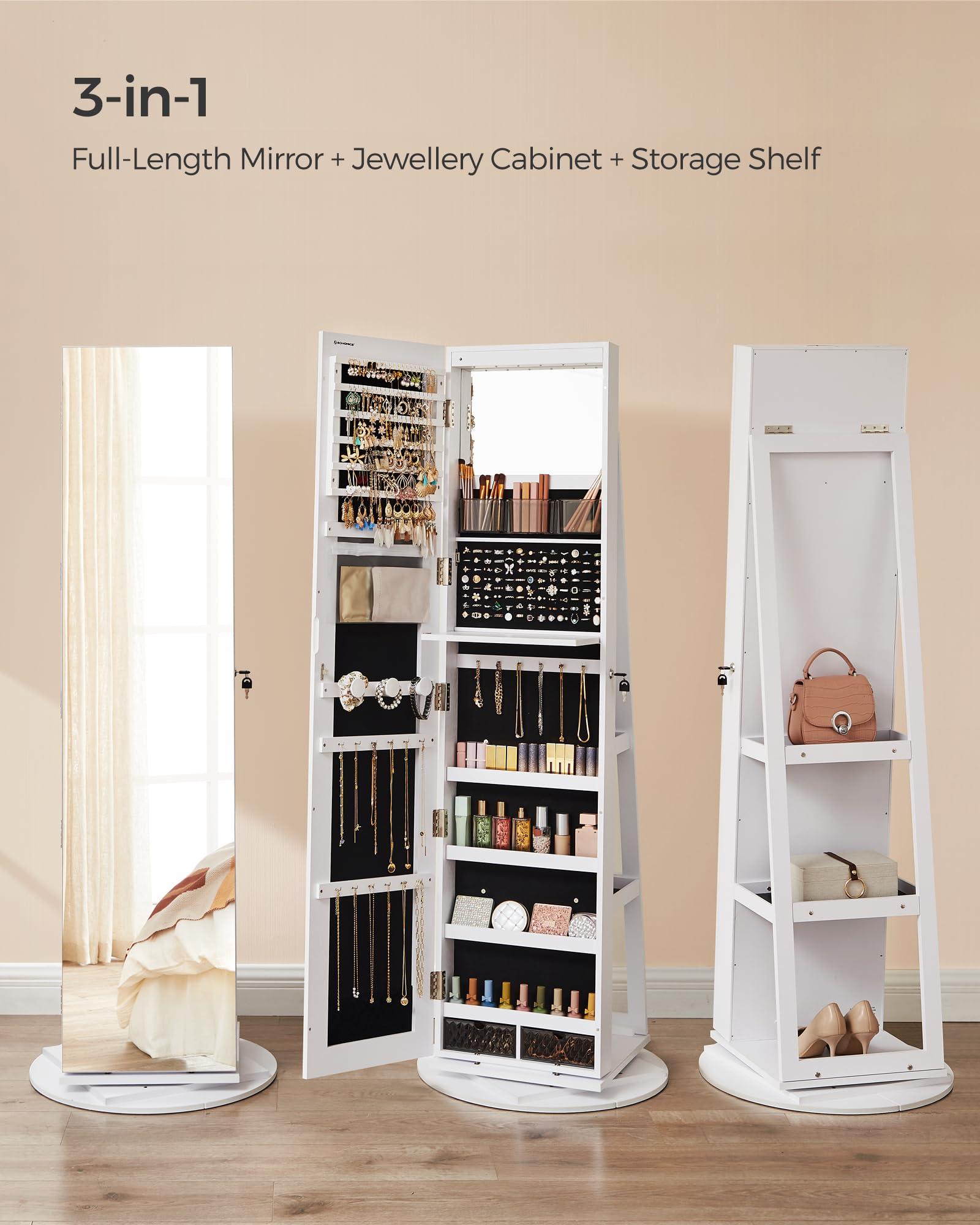 SONGMICS 6 LED Mirror Jewellery Cabinet - 360° Swivel, Lockable, Full-Length Mirror | White/Black 3