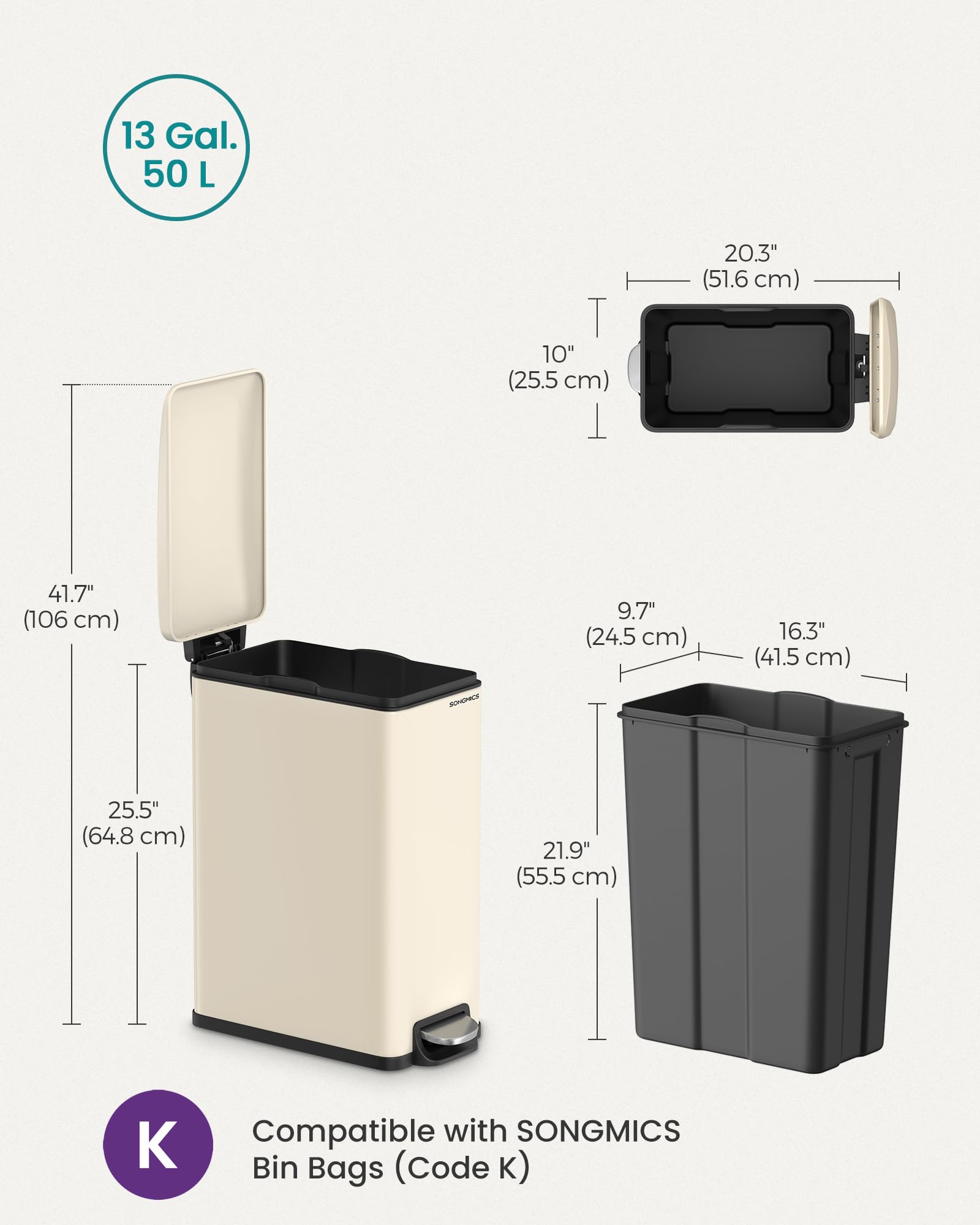 SONGMICS Kitchen Bin - Slim Pedal Waste Separation System | 48 L (12.7 Gallon) | Sand Beige 6
