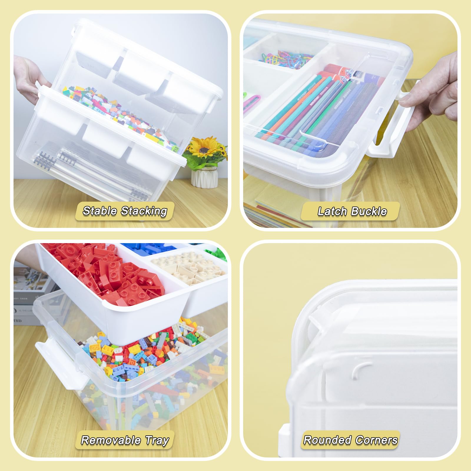 Creahaus 16L Storage Box with Removable 5-Compartment Tray | Stackable, White Plastic 6