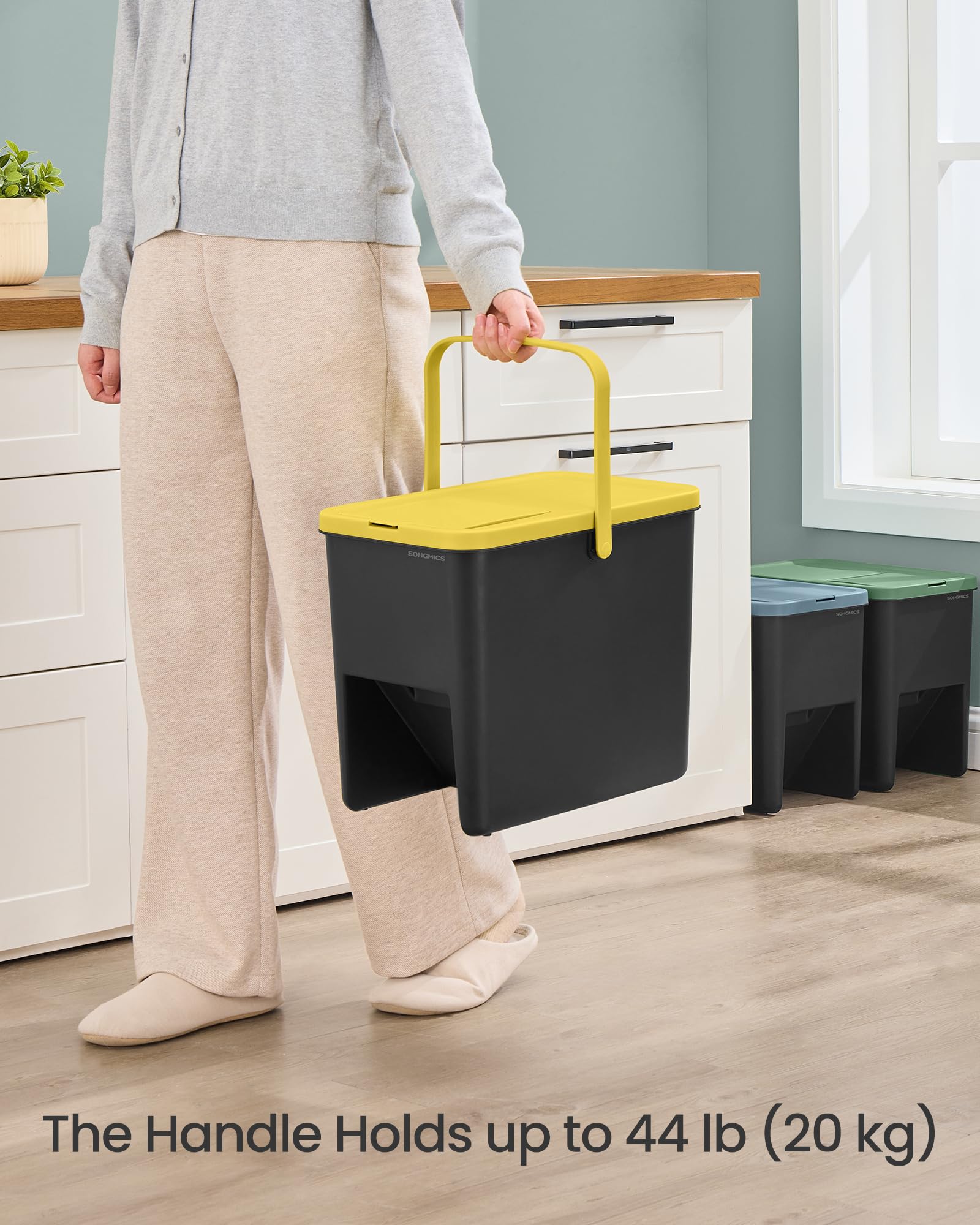 SONGMICS Waste Separation System - Set of 3 Stackable Kitchen Bins | 20 L Each | Press-to-Open 5