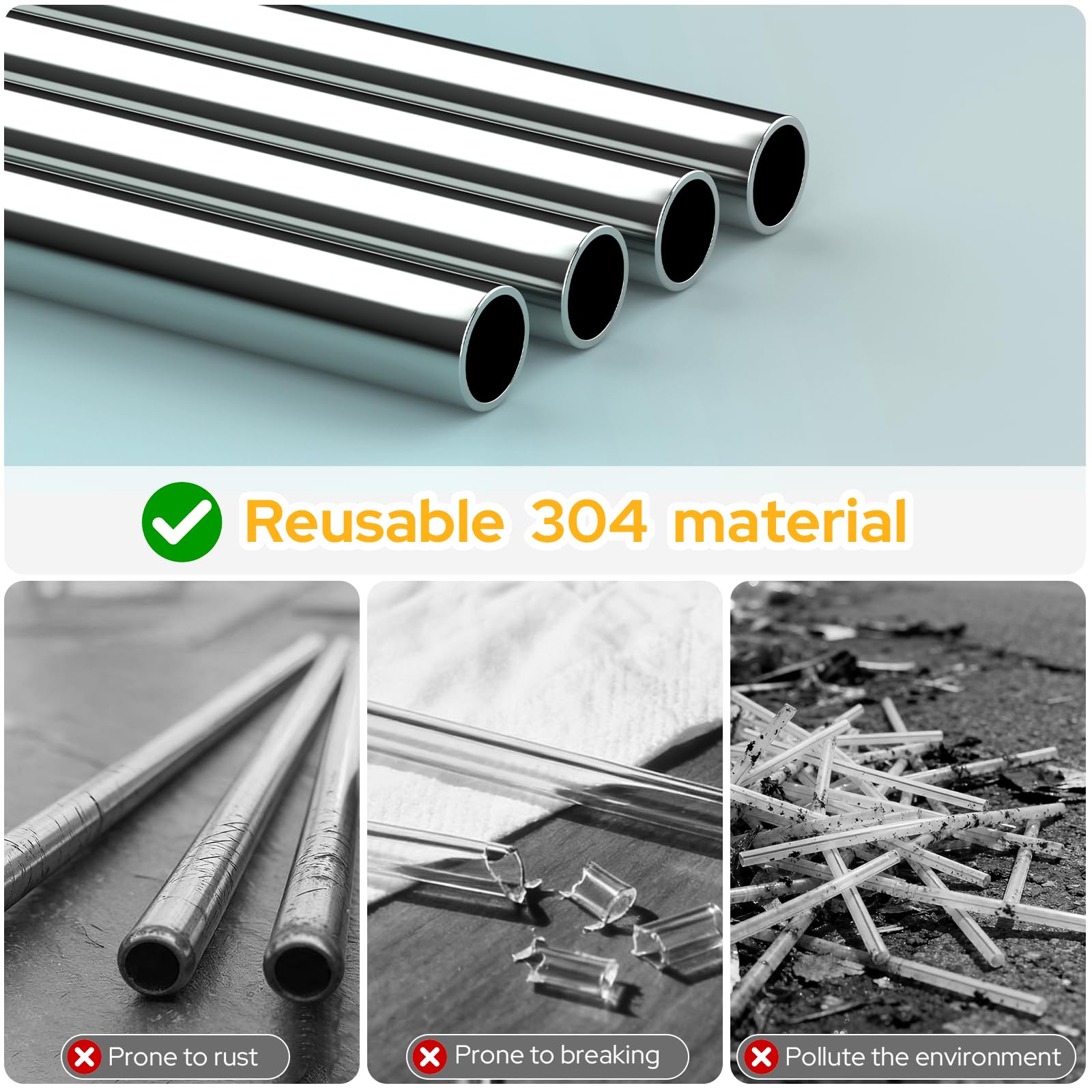 Euqvunn 16 Pc Stainless Steel Reusable Straws Set - 8 Straight & 8 Curved, Silver 6