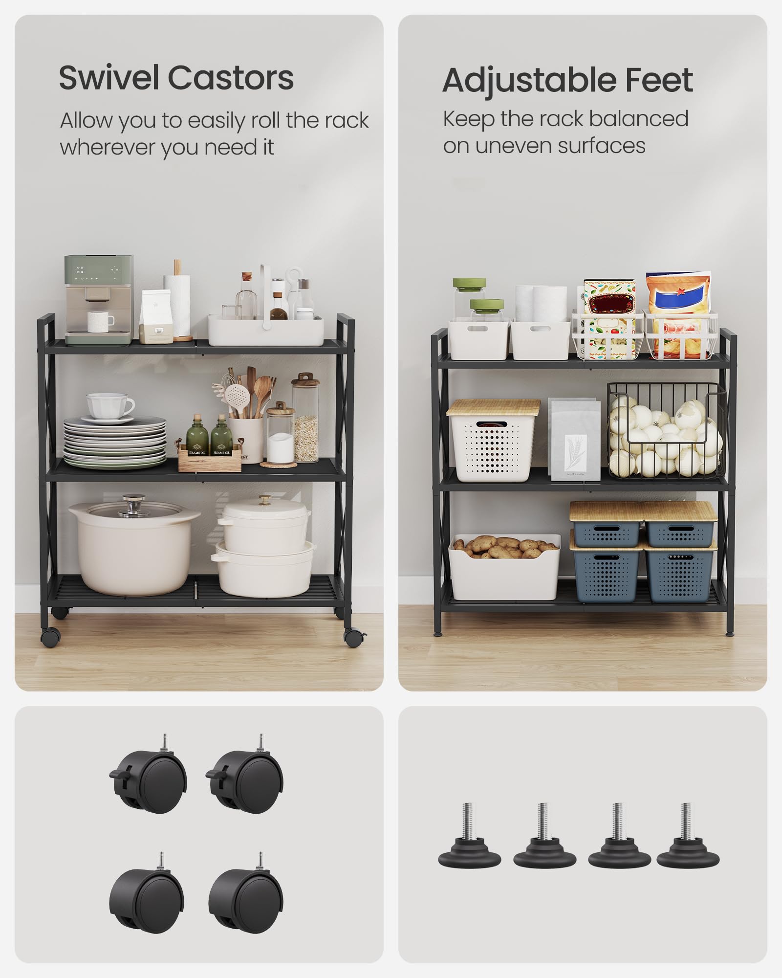 SONGMICS 3-Tier Metal Shelving Unit on Wheels | Heavy Duty | Adjustable Feet | Ink Black 7