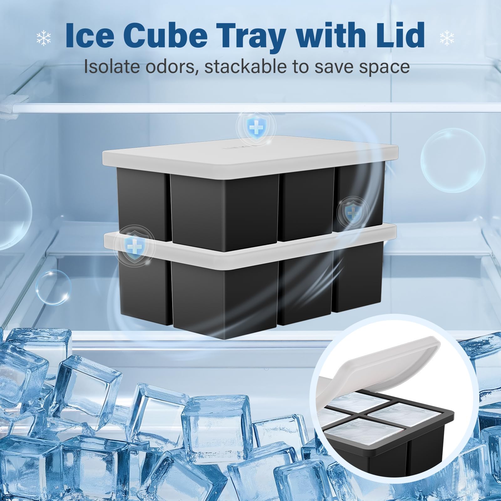 LUCKEA Silicone Ice Cube Tray with Lid - 2 Pack Large Square Ice Cubes, BPA Free, Stackable | Whiskey & Cocktails 6