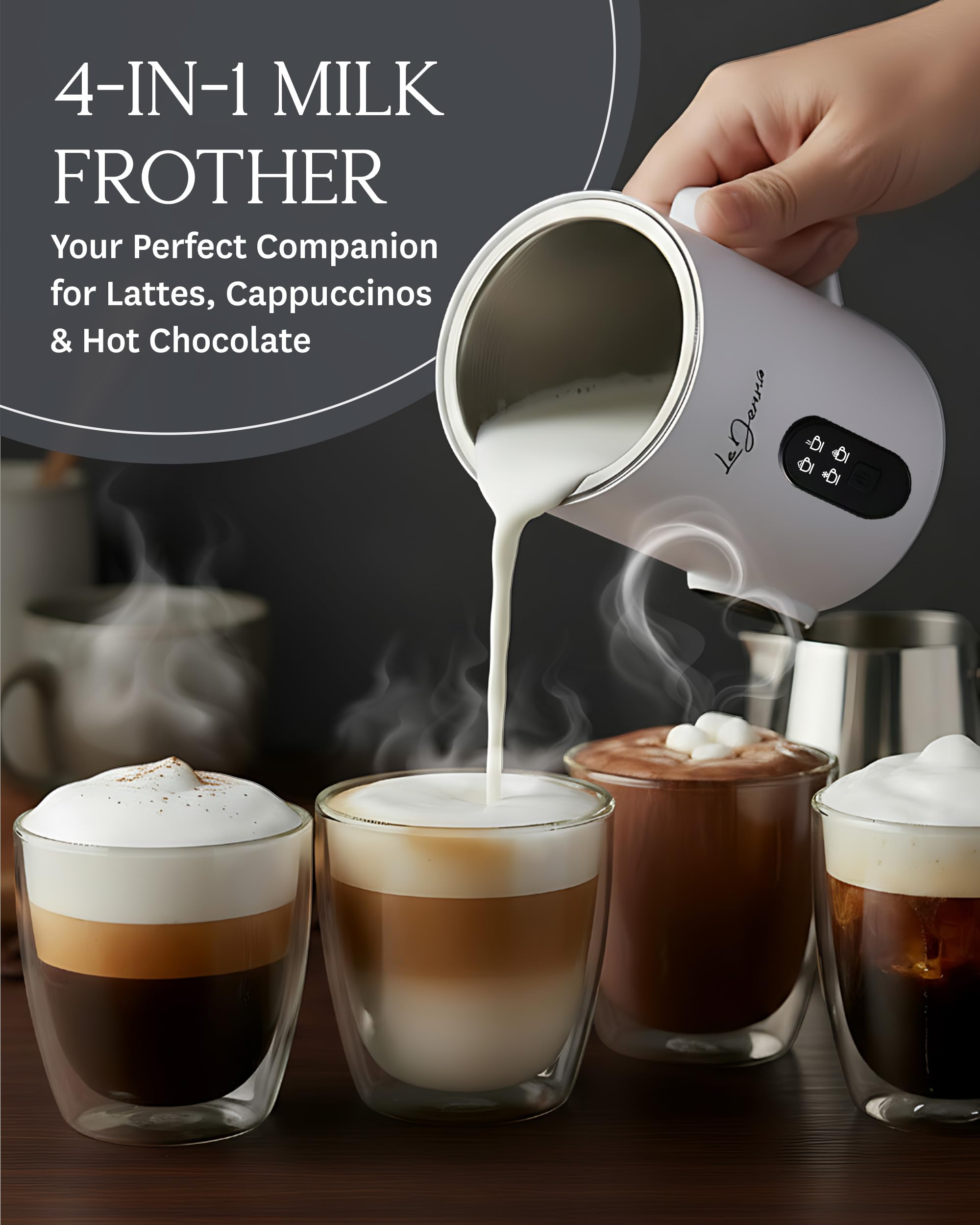 LaDonna Electric Milk Frother - 4 Functions: Hot/Cold Froth, Heat Milk, Hot Chocolate | 350ml Capacity