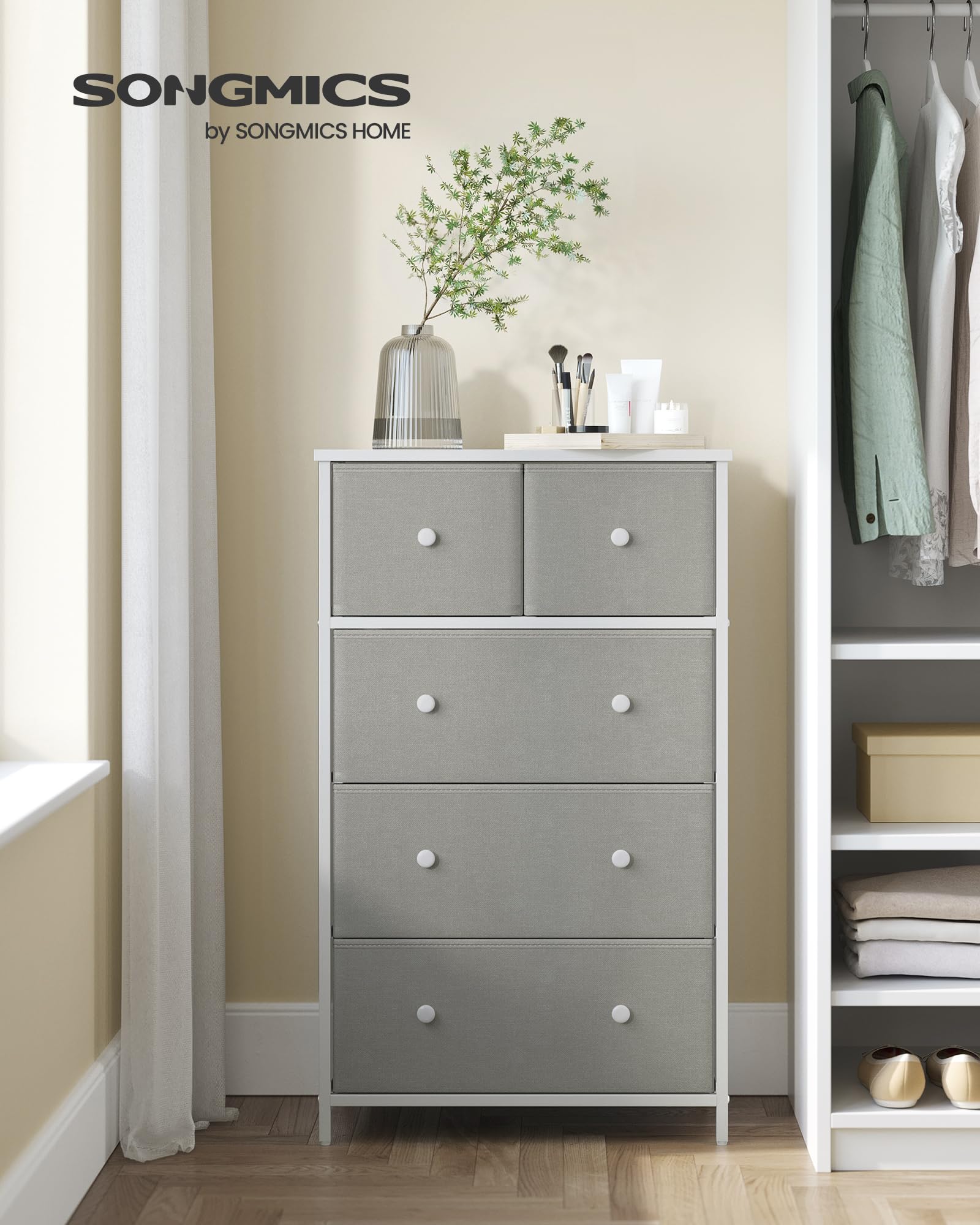 SONGMICS 5-Drawer Fabric Storage Organiser Unit - Light Grey/White | 30x56x93 cm 2