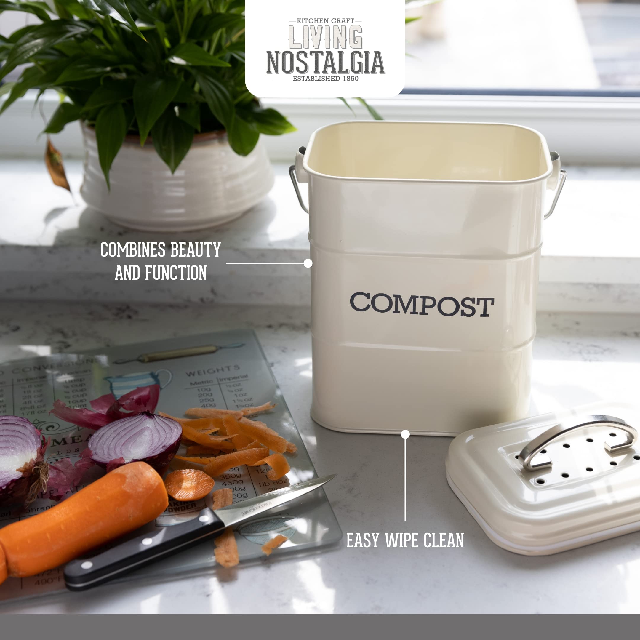KitchenCraft Living Nostalgia Metal Kitchen Composter - 3L Capacity | Carbon Steel | Cream 4