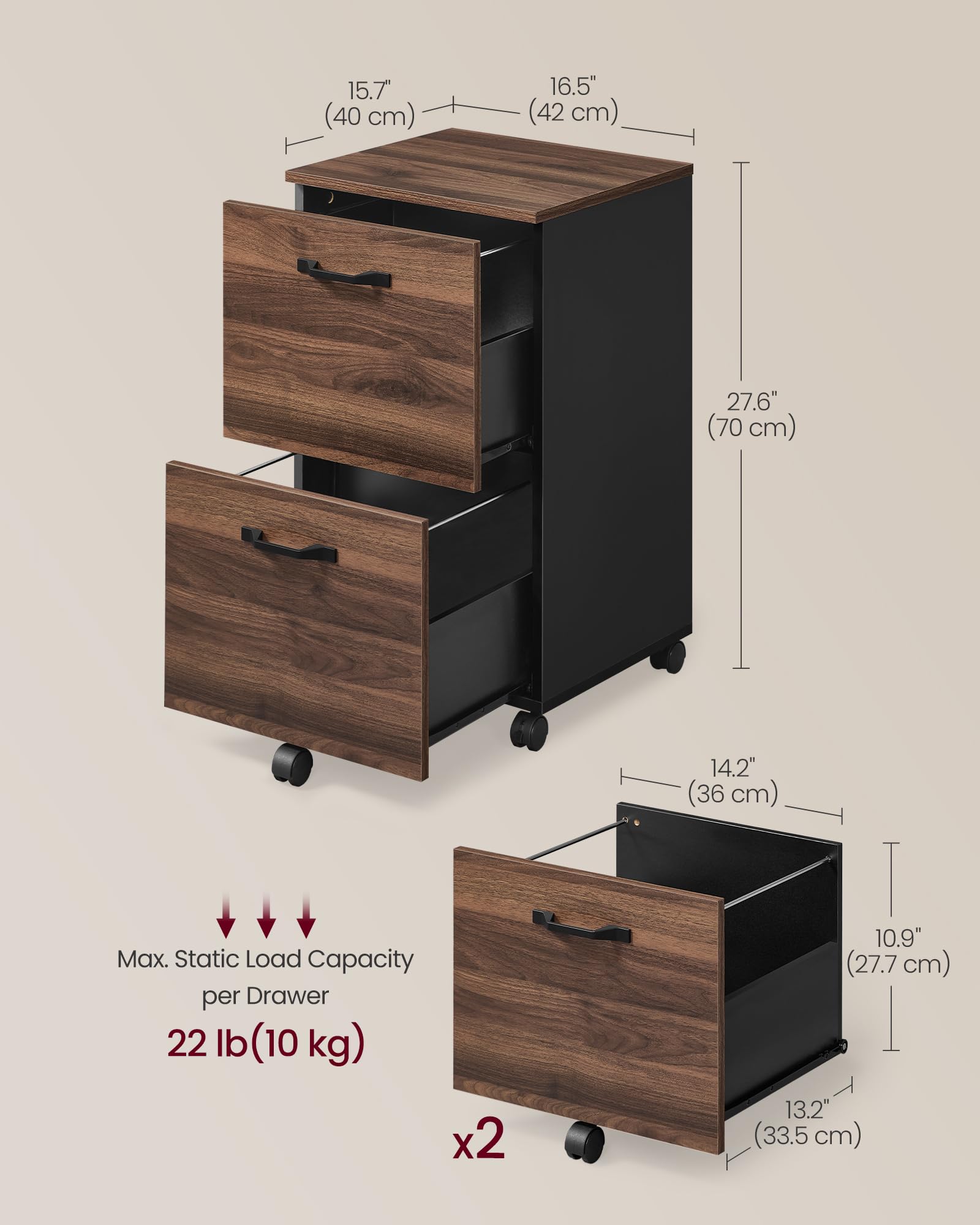 VASAGLE 2-Drawer Mobile Filing Cabinet - A4/Letter Size Support | Natural Walnut & Ink Black | 35kg Capacity