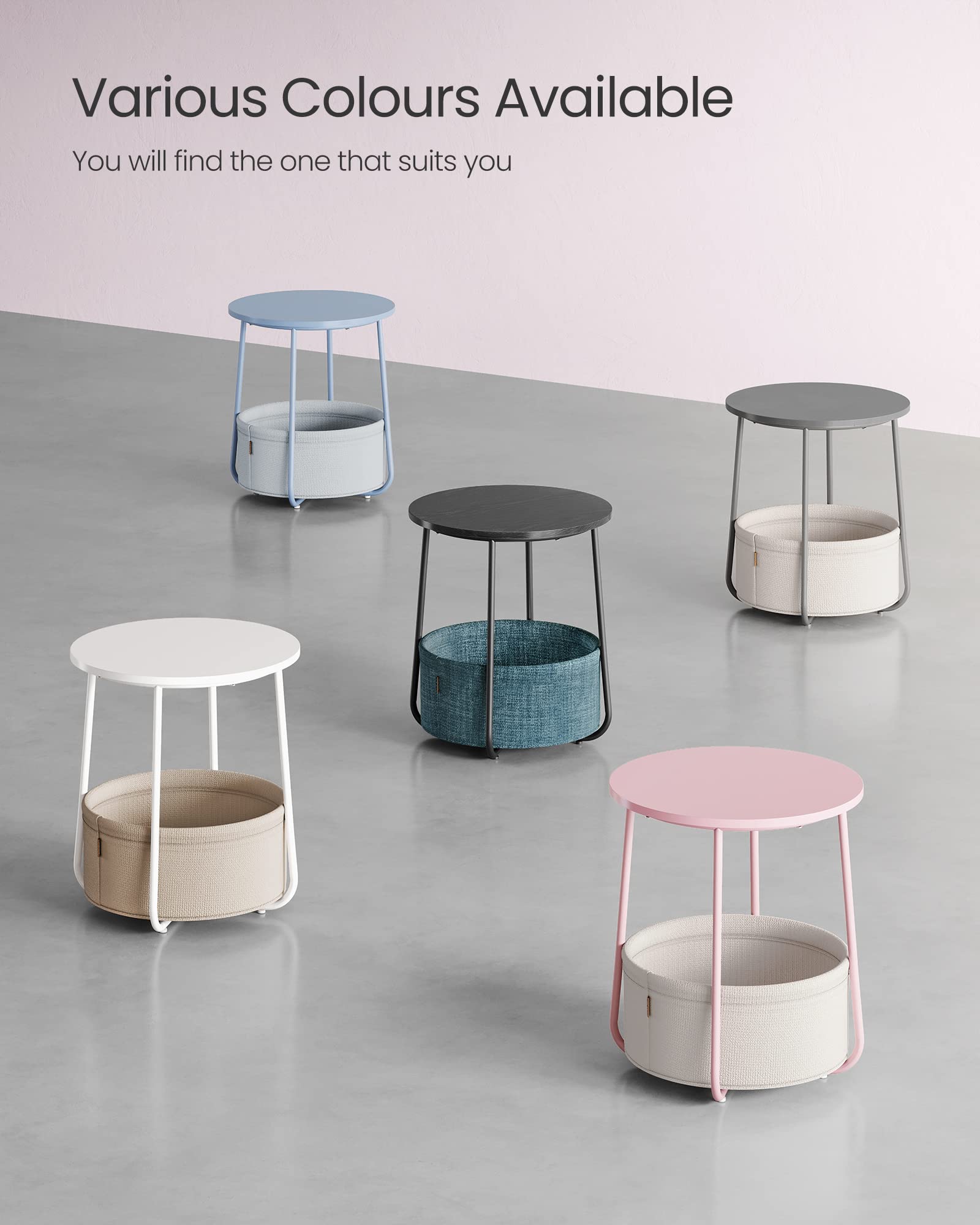 VASAGLE Round End Table with Fabric Basket - Pastel Pink & Cloud White | 45 x 50 cm 8