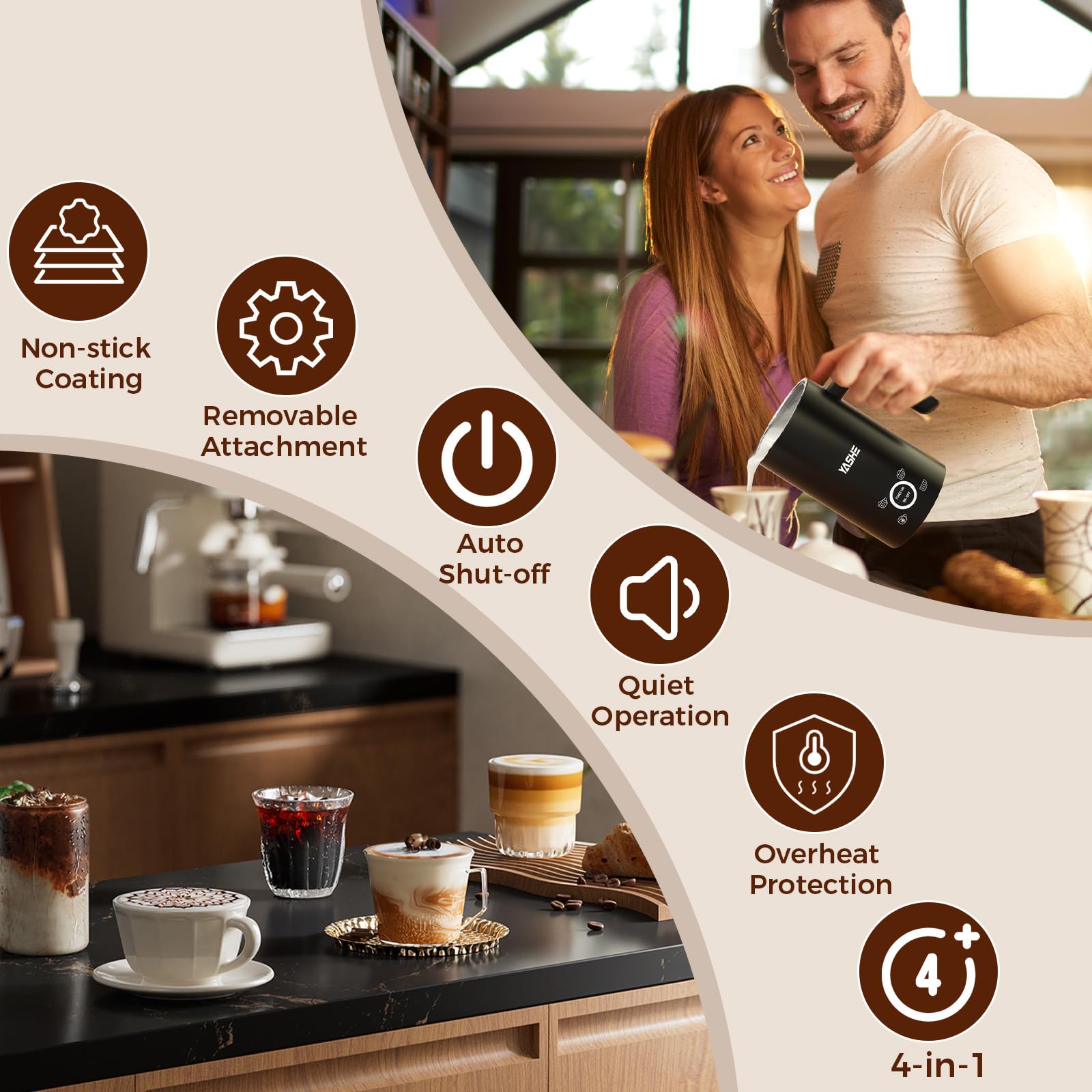 YASHE Electric Milk Frother - 4-in-1 Automatic Frother & Steamer | 10oz Capacity 4