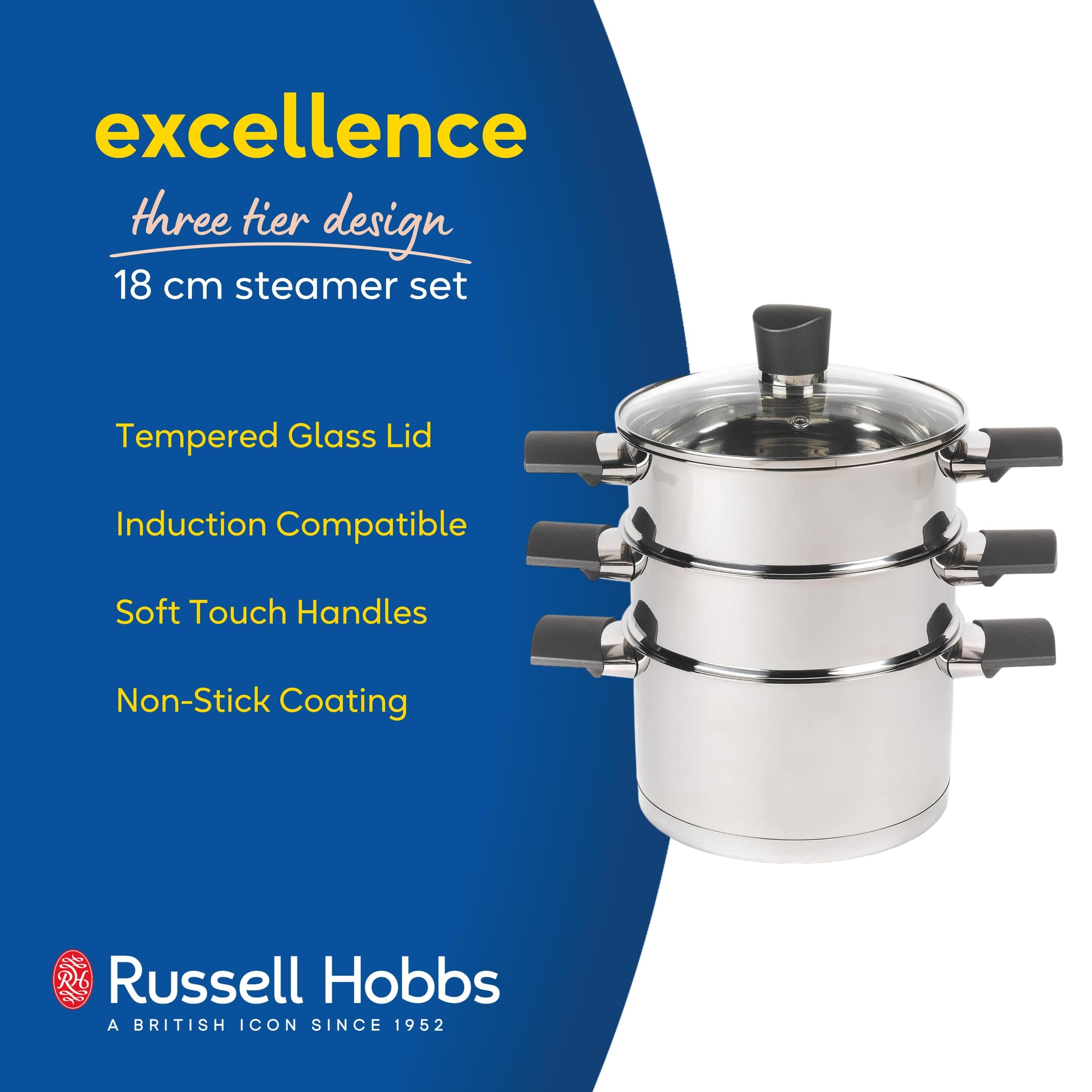 Russell Hobbs RH01170EU Excellence 3 Tier Steamer - 18 cm Stainless Steel, Induction Suitable