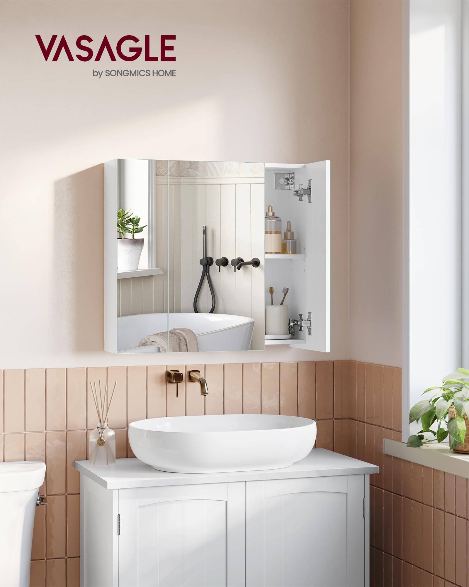 VASAGLE BBK22WT Bathroom Wall Cabinet with Mirror - 3 Door Storage Unit, White, 60W cm 2