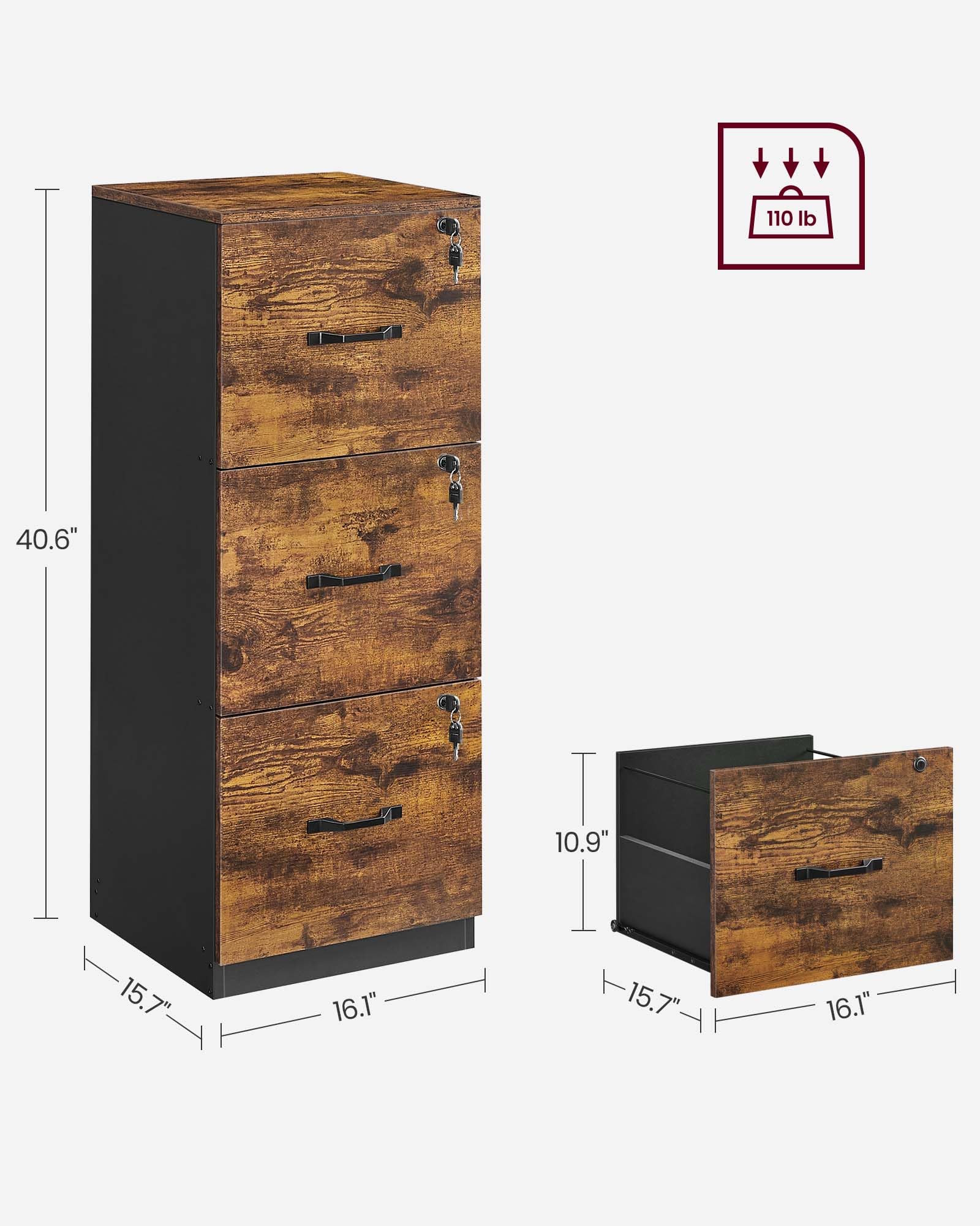 VASAGLE File Cabinet for Home Office - 3 Lockable Drawers | A4 & Letter Size | Rustic Brown/Ink Black | OFC055B01 3