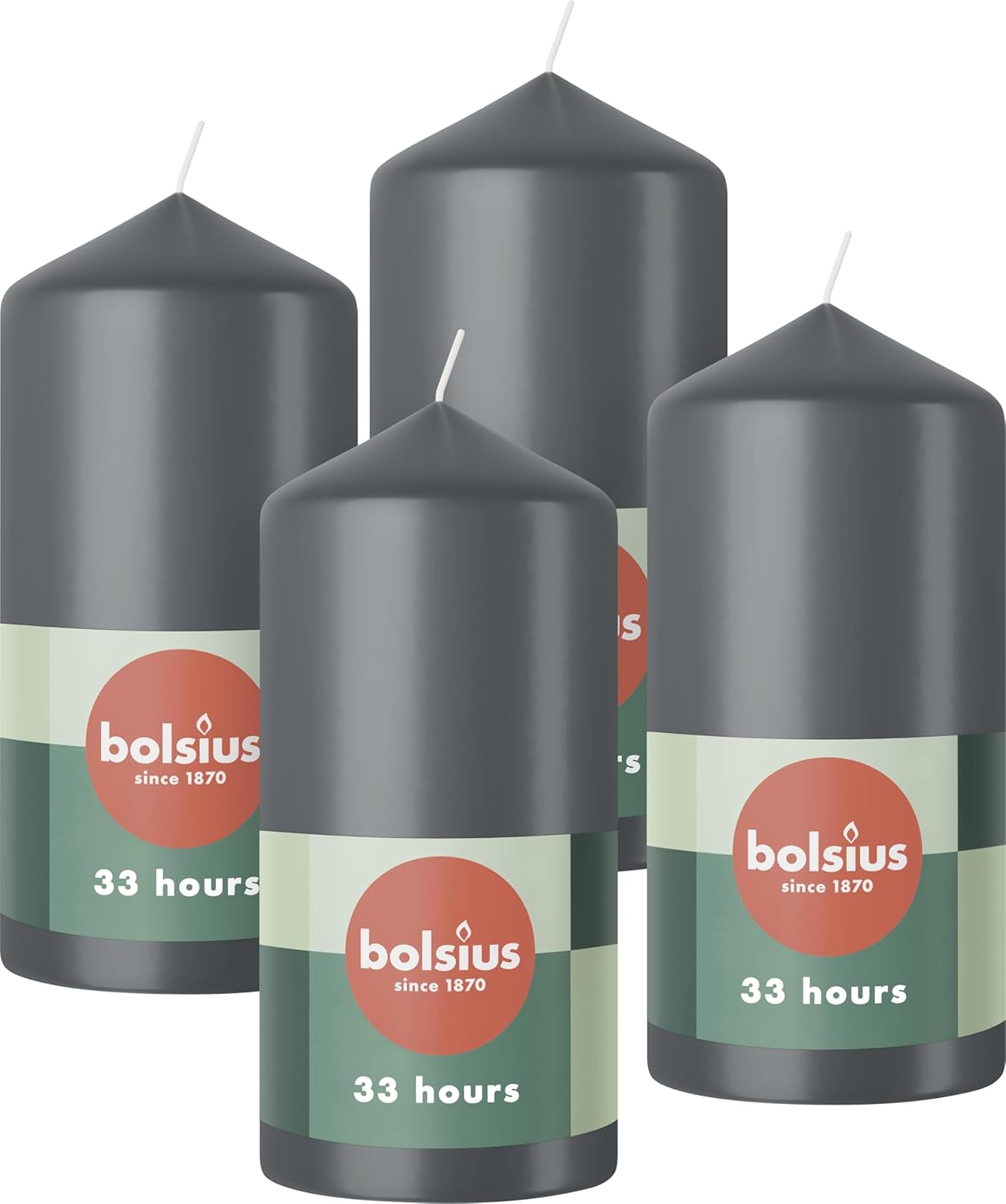 BOLSIUS Pillar Candles - Anthracite - 4-Pack | 12 x 6 cm | 33 Hour Burn Time | Unscented Vegan Wax