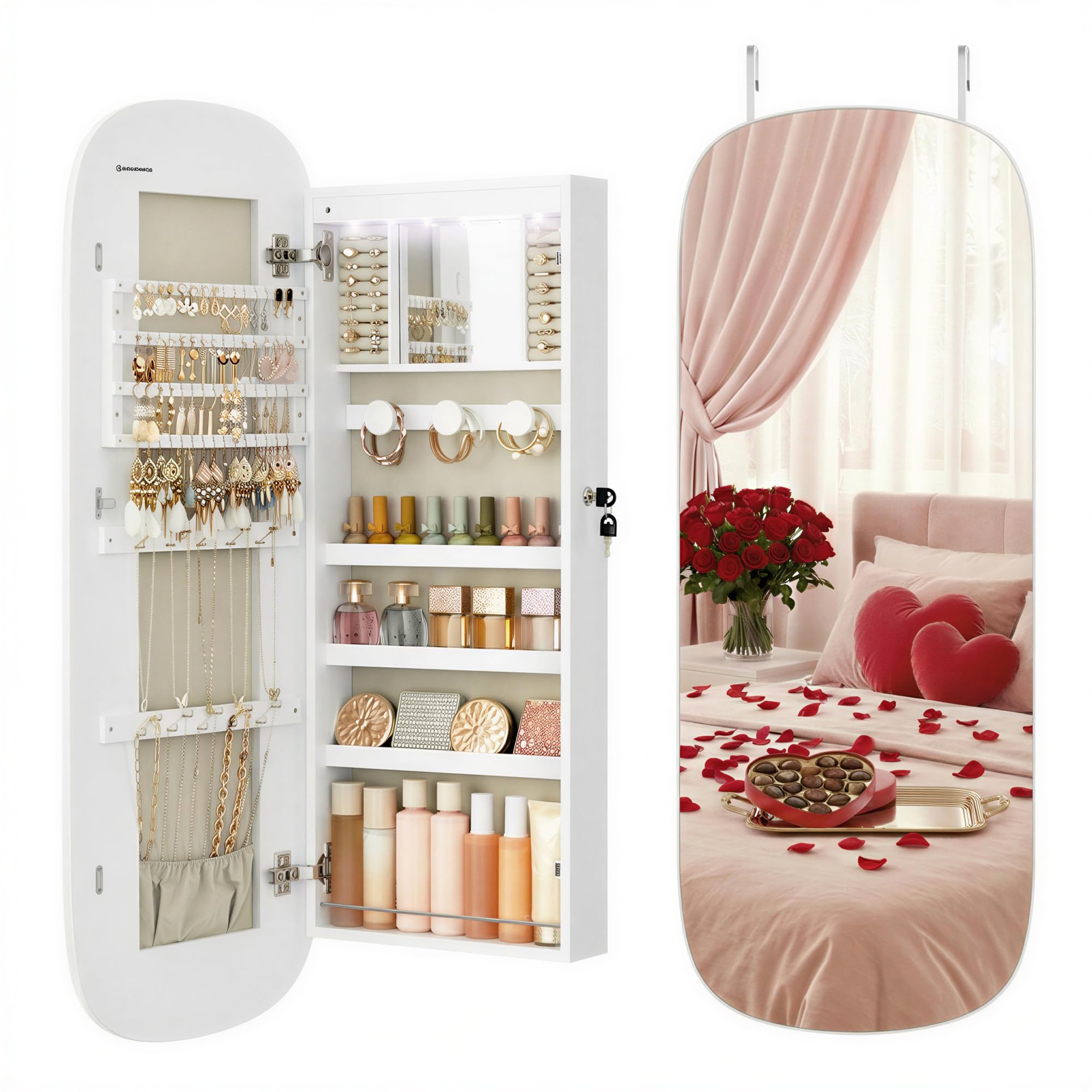 SONGMICS LED Mirror Jewellery Cabinet - Wall/Door Mounted | Lockable | White + Greige 1