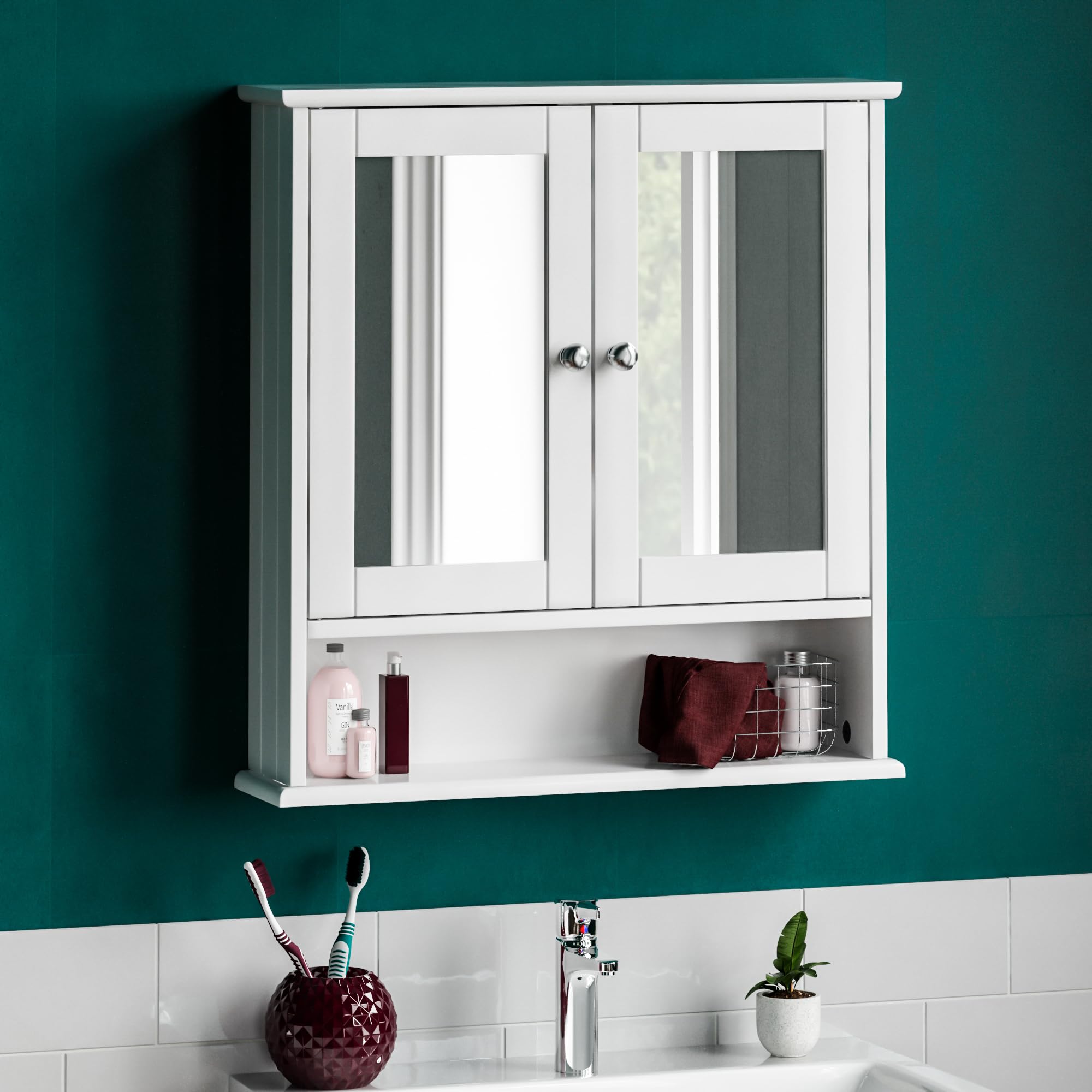 Bath Vida Priano Double Door Mirrored Bathroom Cabinet - White Wood, H 58 x W 56 x D 13 Cm