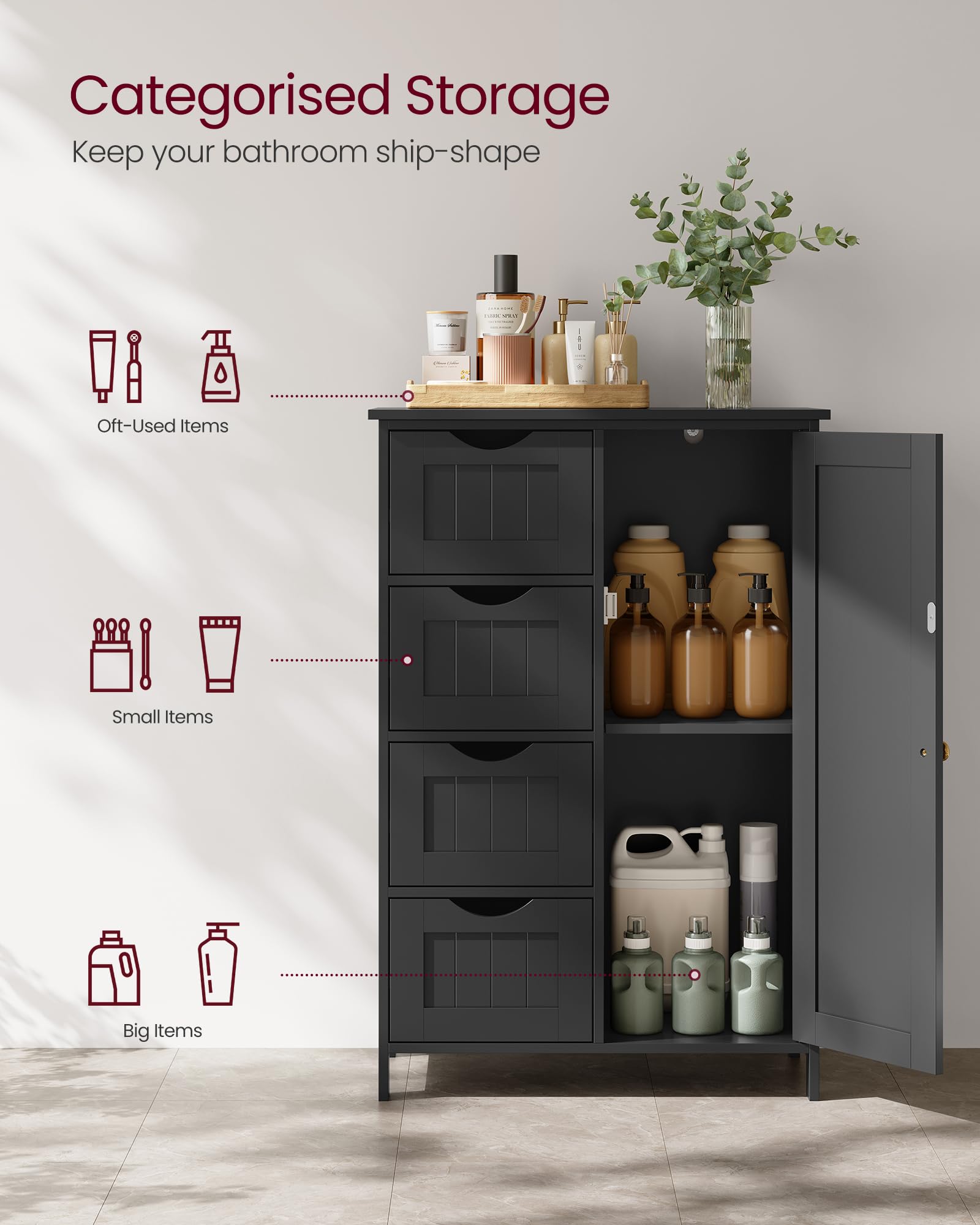 VASAGLE Bathroom Floor Storage Cabinet - 4 Drawers | Adjustable Shelf | Ink Black | 30x55x82 cm 4