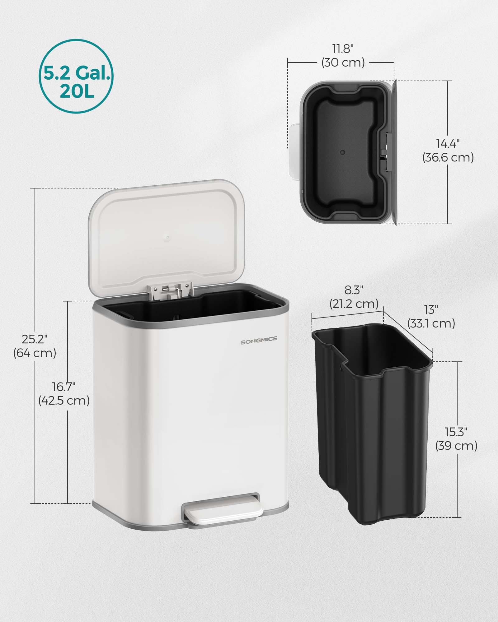 SONGMICS 20L Kitchen Pedal Bin - Soft-Close Lid, Cloud White Steel Trash Bin 9