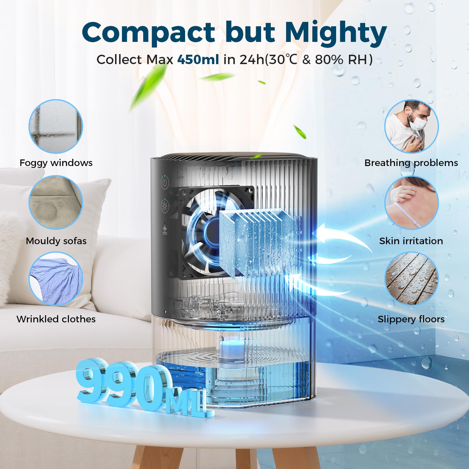 AROEVE Dehumidifier 990ml, Compact Quiet Small Dehumidifier for Bedroom | 450ml/Day Extraction | 28dB