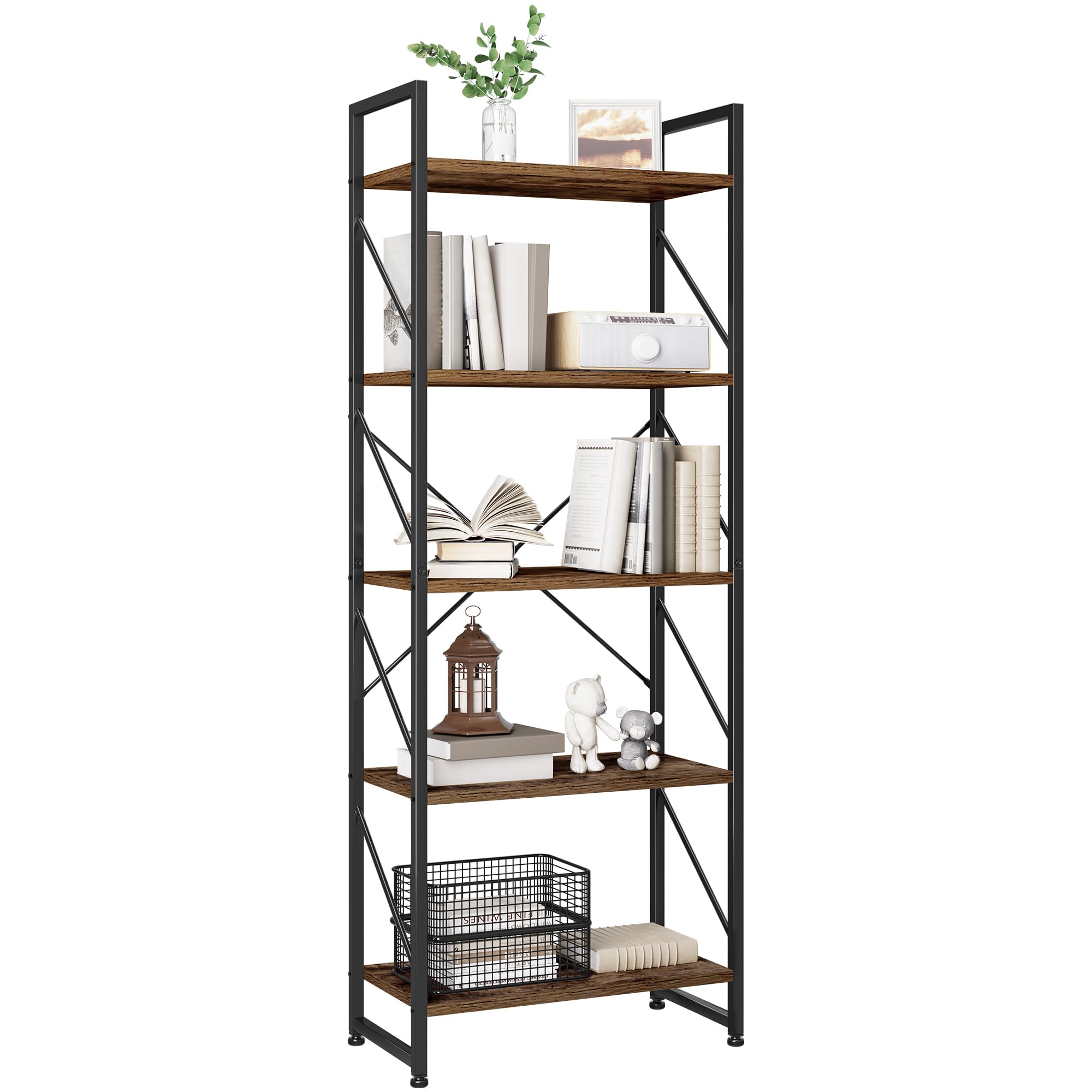 YITAHOME 5-Tier Bookcase - Rustic Brown | Modern Industrial Design | Space Saving | 60W x 158H cm 7