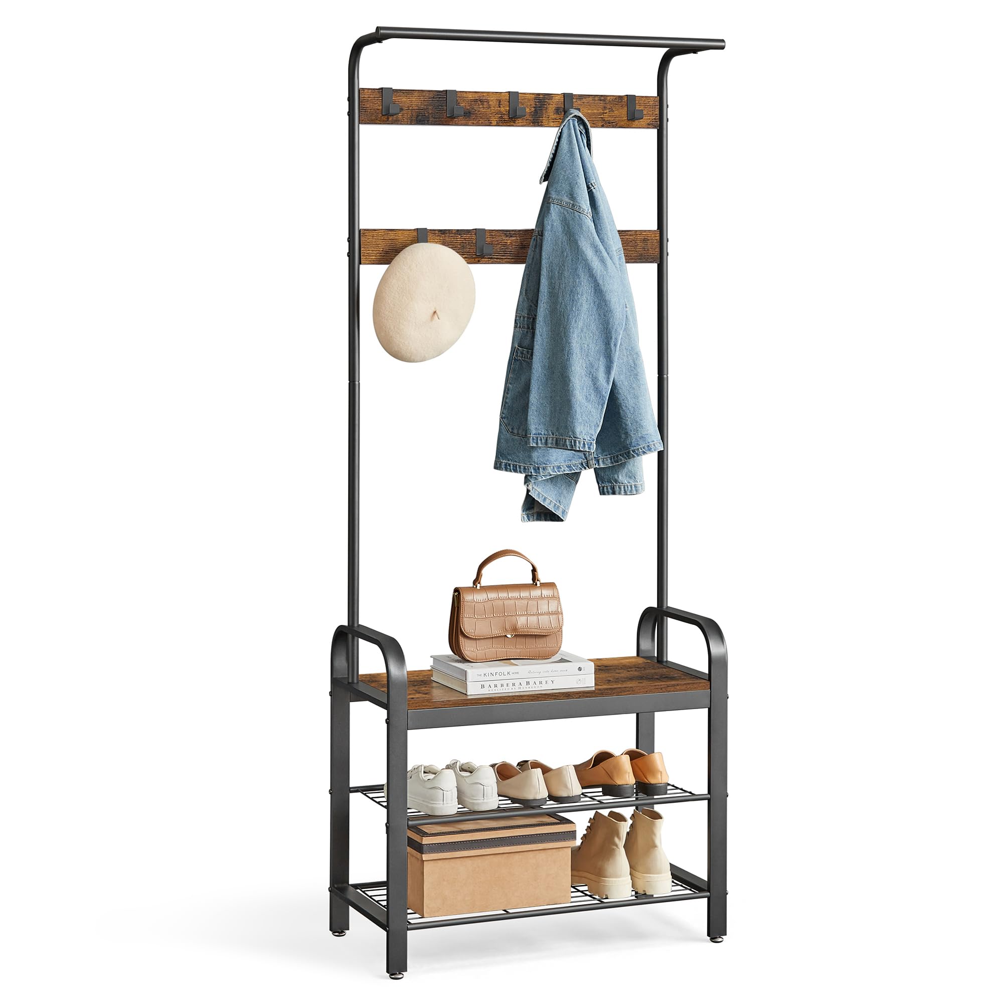 VASAGLE 4-in-1 Coat Rack with Shoe Storage Bench | 9 Removable Hooks | Industrial Style | 72 x 33.7 x 183 cm