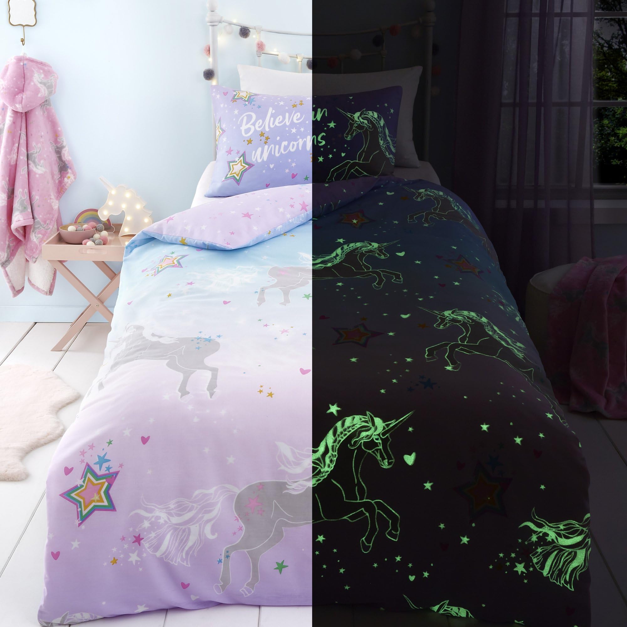Bedlam Glow in the Dark Unicorn Duvet Cover Set - Single Size (135x200cm) - Lilac 1