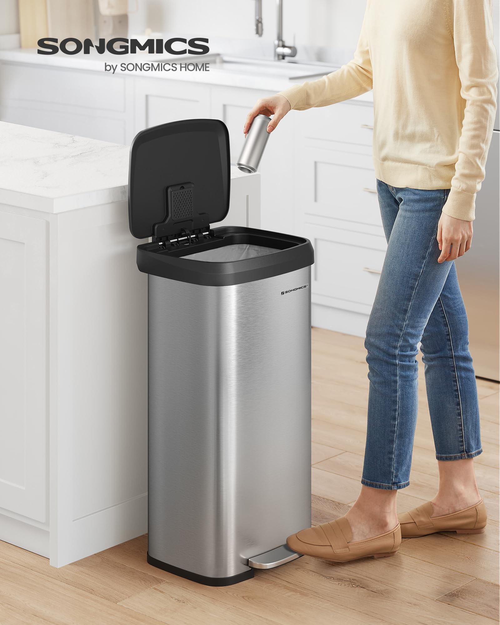 SONGMICS Kitchen Bin - 68L Capacity | Steel Pedal Bin | Silver + Black 2