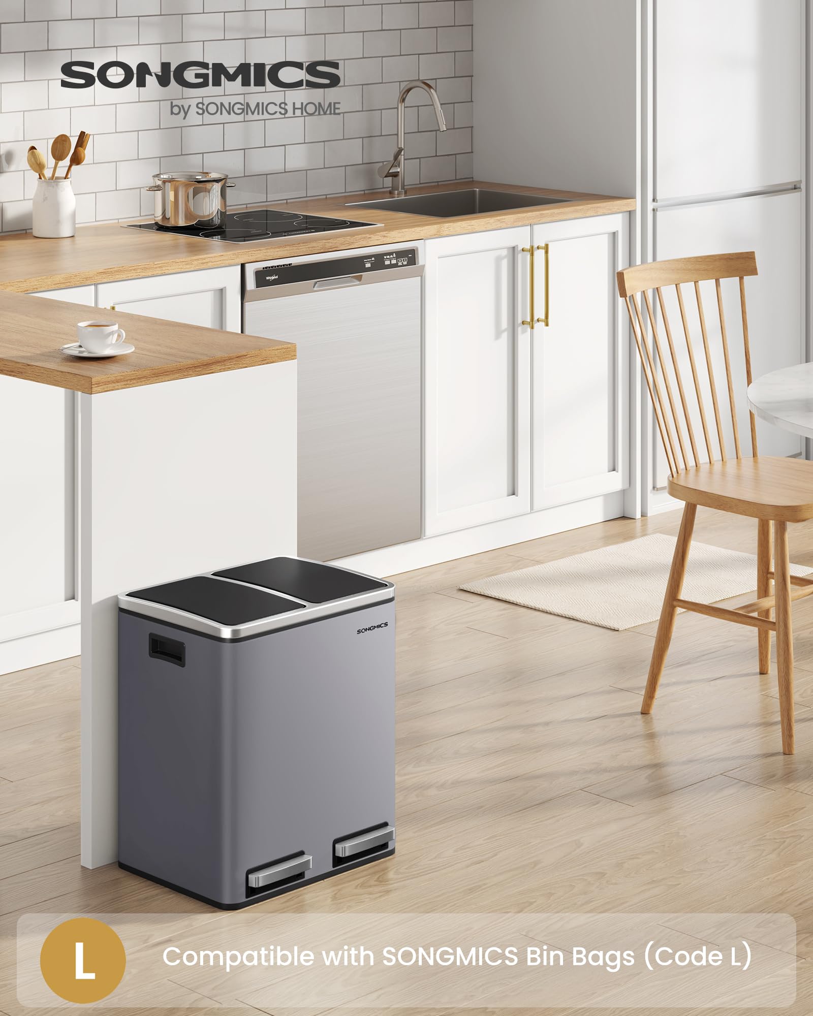 SONGMICS Dual Rubbish Bin - 2 Compartment Recycling Bin with Pedals, Soft Closure | 2 x 15 L | Slate Grey 3