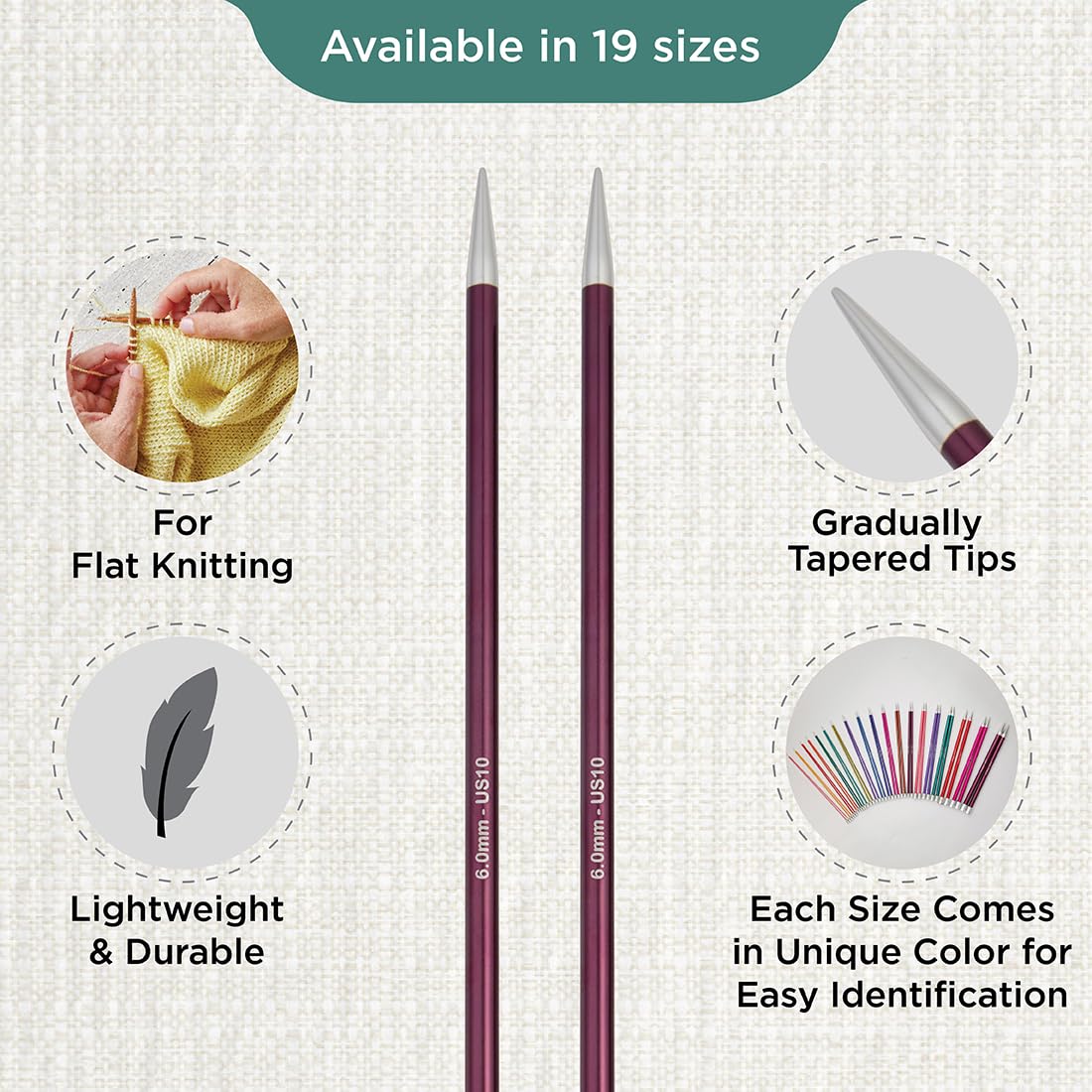 KnitPro Zing Single Pointed Knitting Needles - 6.00mm | 35cm Length | Lightweight Aluminium 3