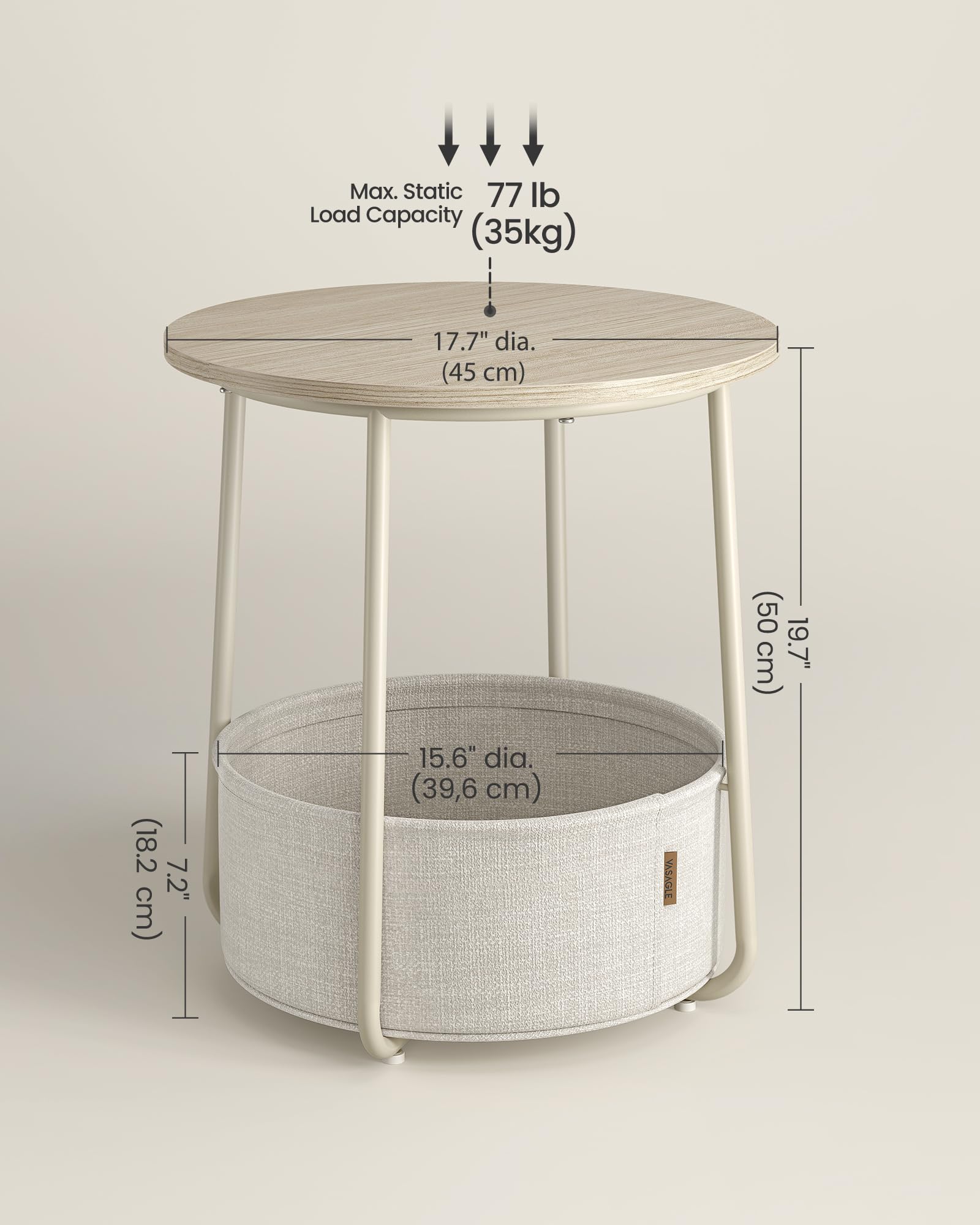 VASAGLE Round End Table with Fabric Basket | 45 x 50 cm | Cream White | Storage 2