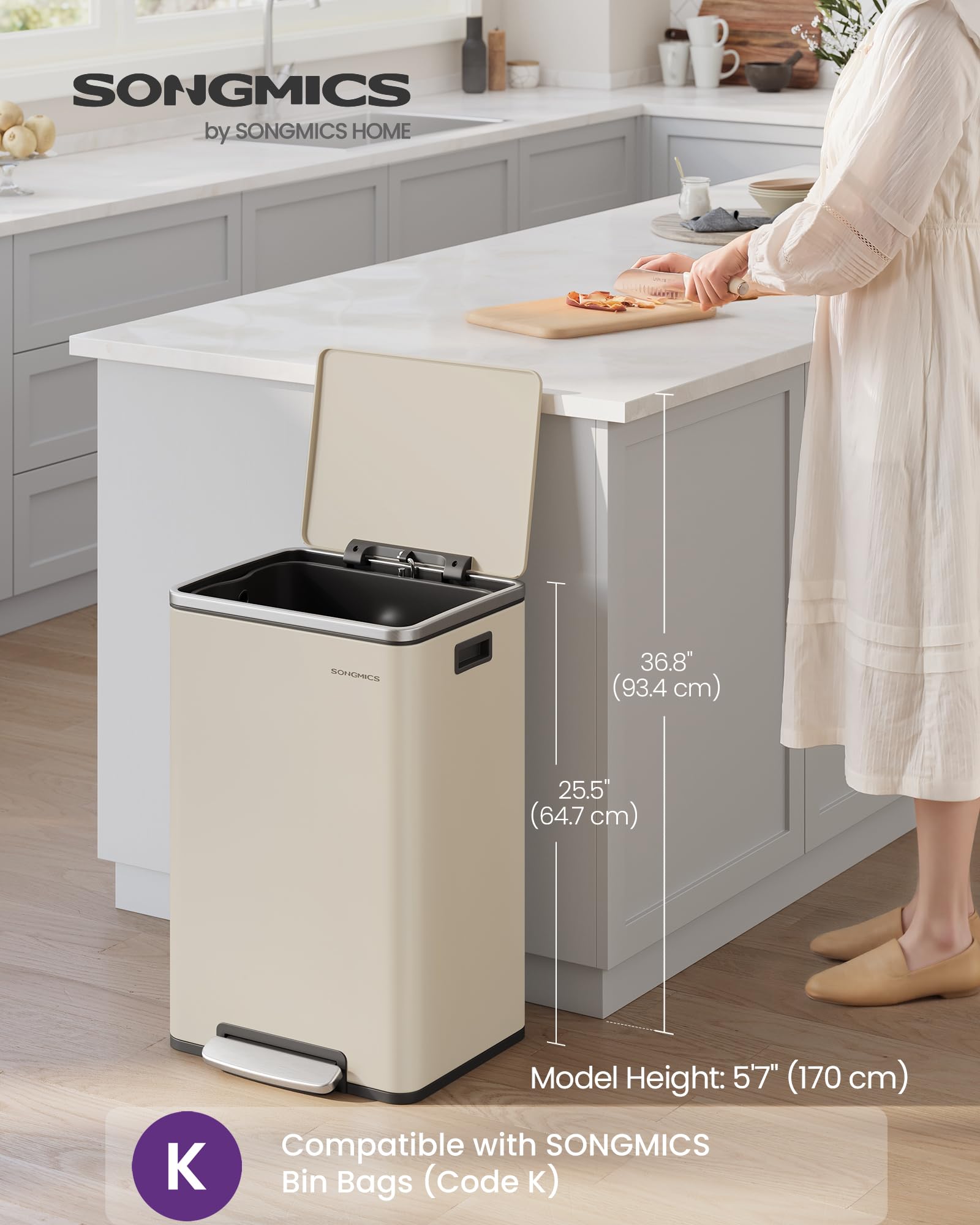 SONGMICS 50 L Kitchen Bin - Steel Construction | Cream Finish | Includes 15 Bin Bags 2