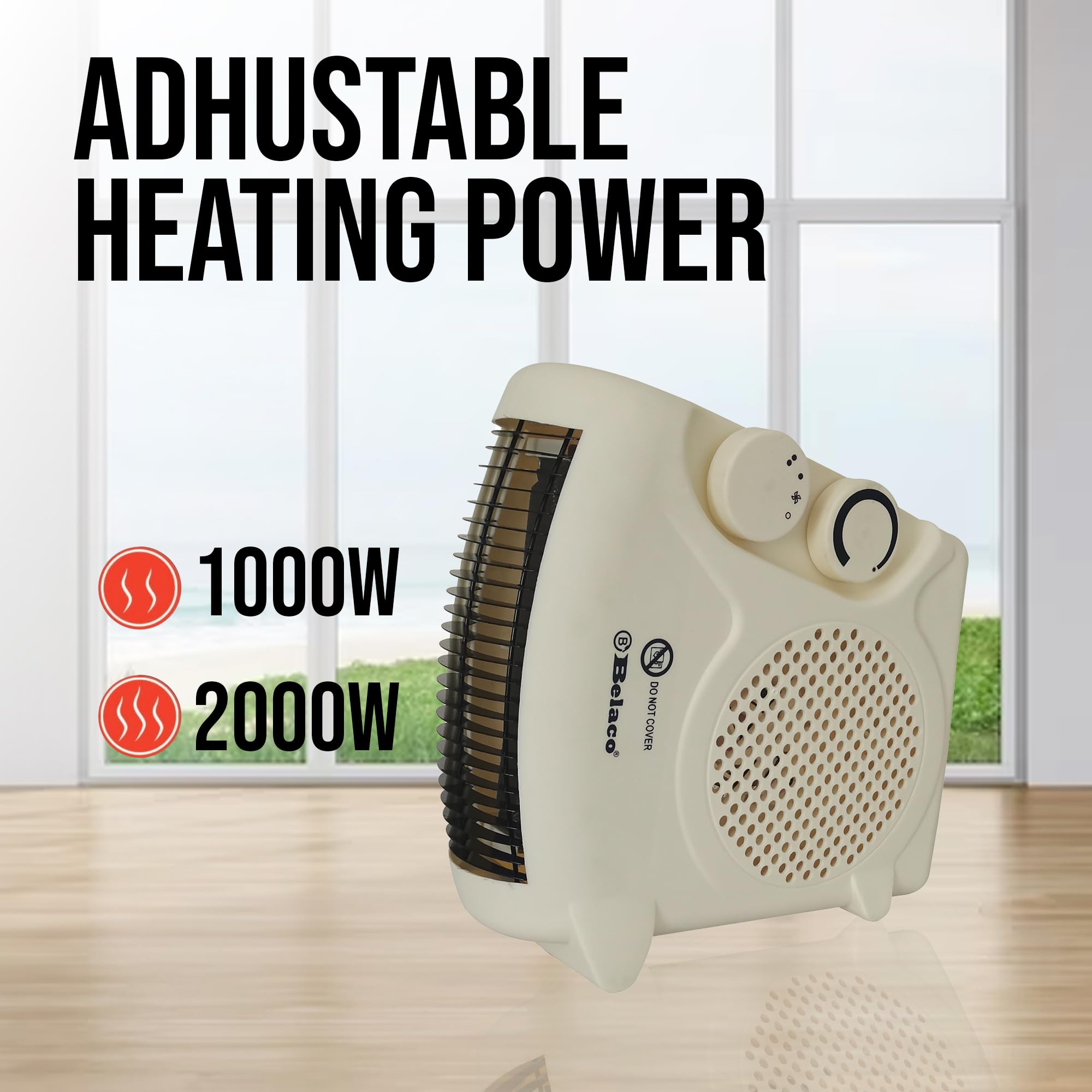 Belaco Portable Electric Fan Heater - 2 Heat Settings (1000W/2000W) | Adjustable Thermostat | Overheat Protection 6