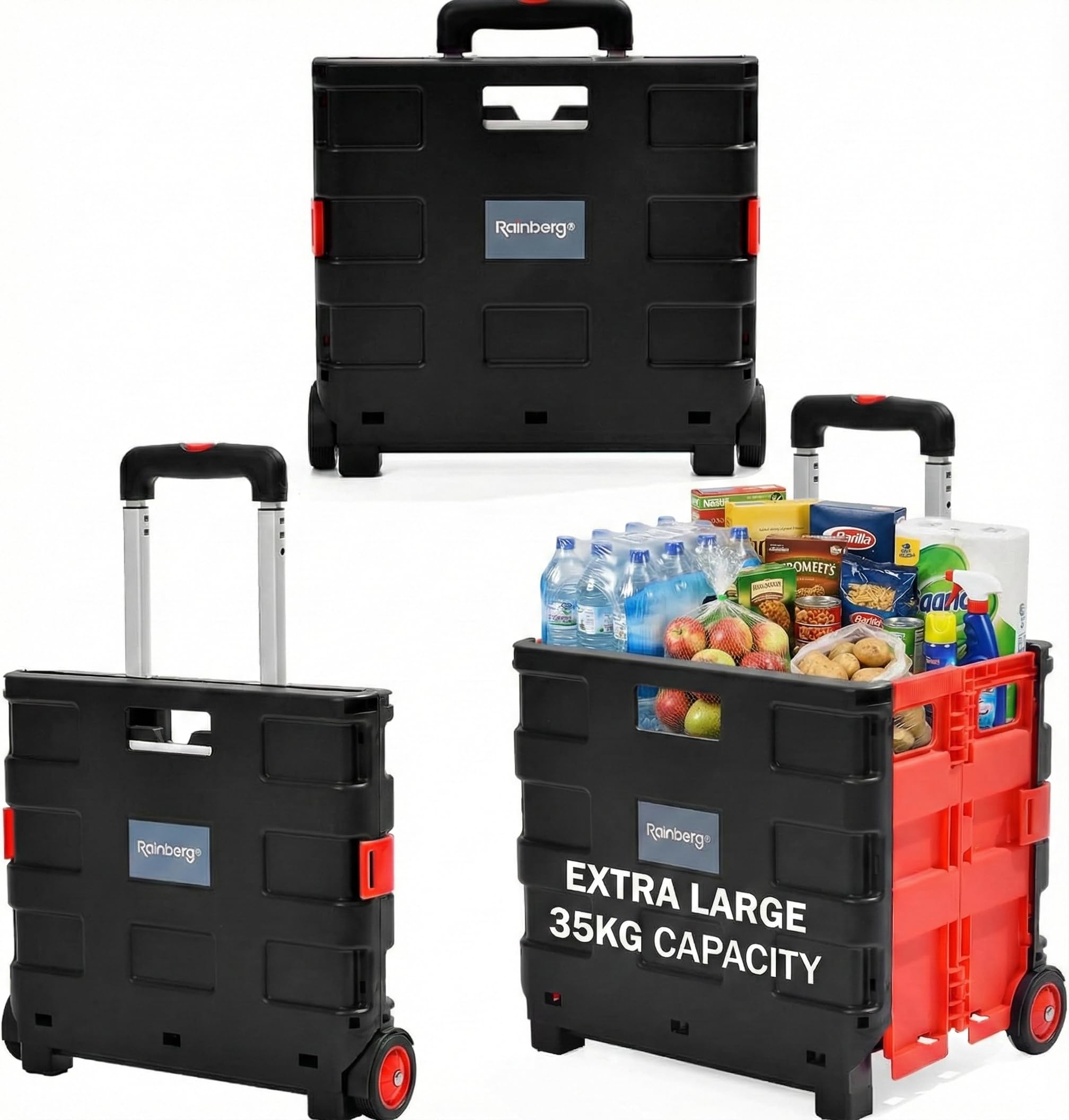Rainberg Heavy Duty Folding Trolley Box Cart - 35kg Capacity | Black & Red | Folds Flat 1