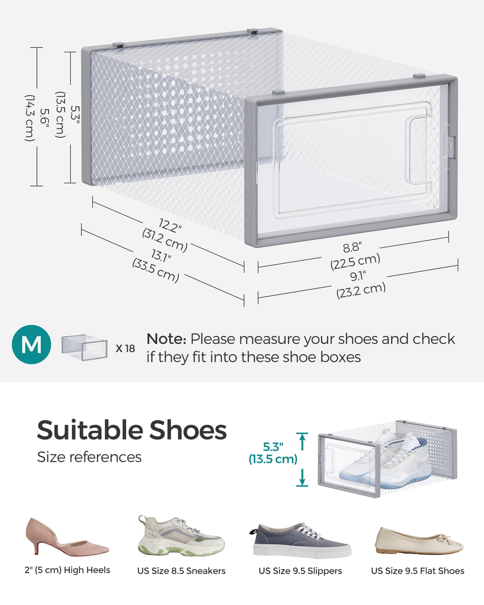 SONGMICS Shoe Boxes - Pack of 18 Stackable Organisers | Transparent Body | Fits up to UK Size 11 6