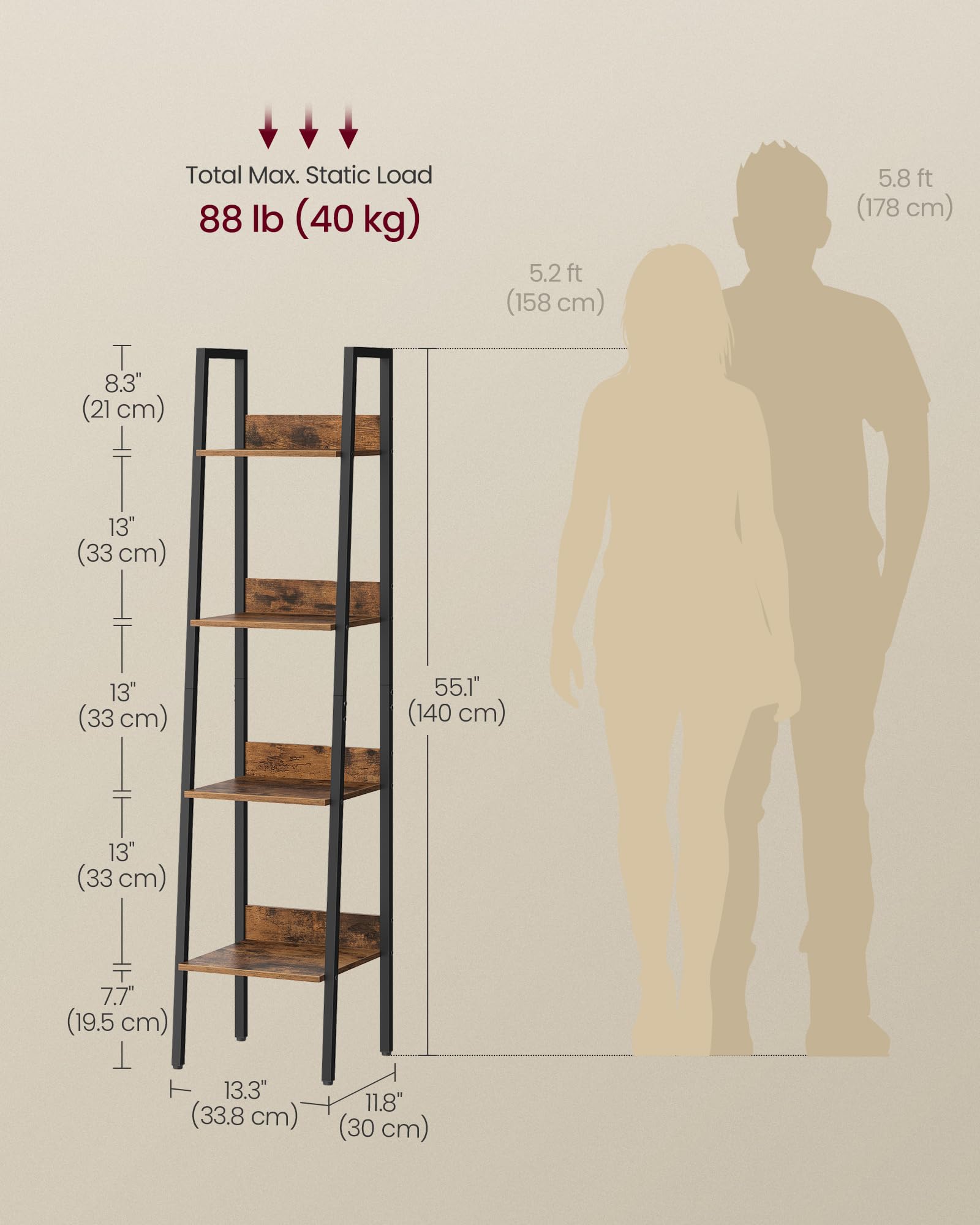 VASAGLE 4-Tier Ladder Shelf Bookcase - Industrial Rustic Brown & Black | Steel Frame | 10kg Max Load 6