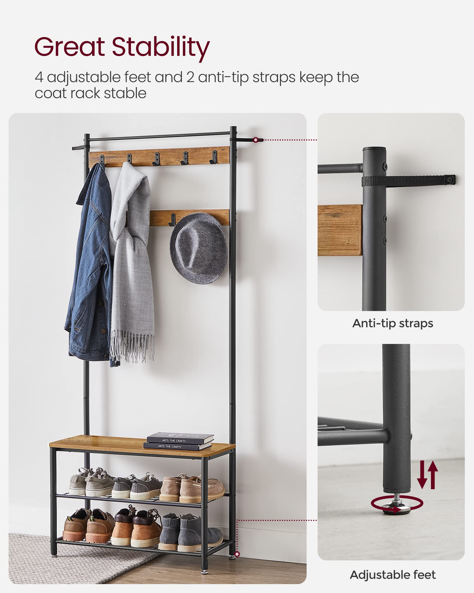 VASAGLE Hallway Storage Coat Rack with Shoe Bench | 9 Hooks | Chestnut Brown + Black 5