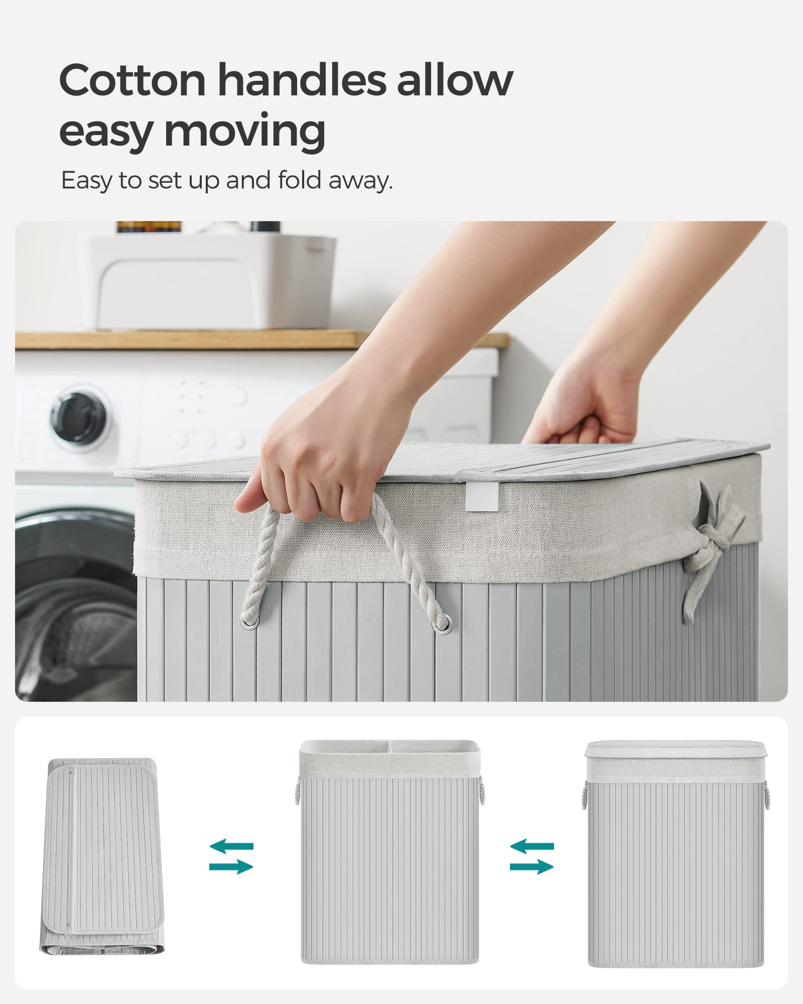 SONGMICS Bamboo Laundry Basket with Lid - 100L Volume, 2 Sorting Compartments, Removable Bag, Grey 8