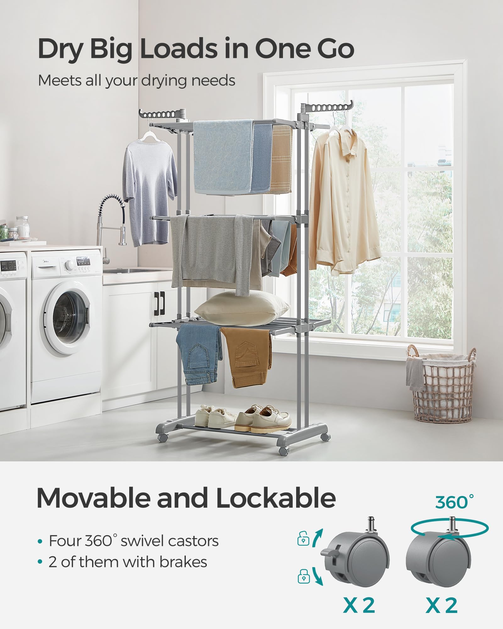 SONGMICS Large Clothes Drying Rack - 4-Tier Foldable Airer | 35 kg Capacity | Stainless Steel 3