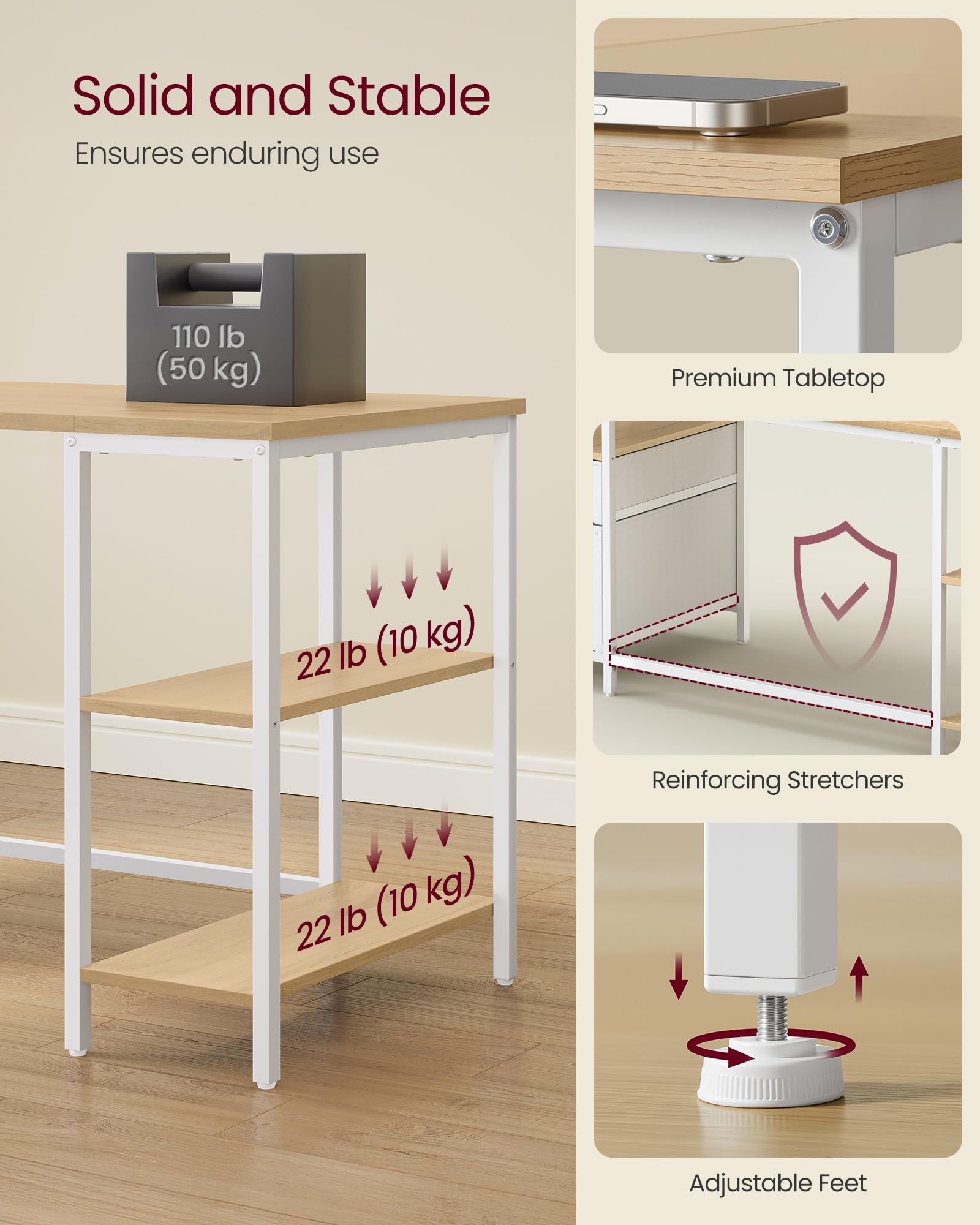 VASAGLE Computer Desk with Storage - 160 x 60 cm Workstation | 3 Shelves, 2 Drawers | Natural Oak + Cloud White 6