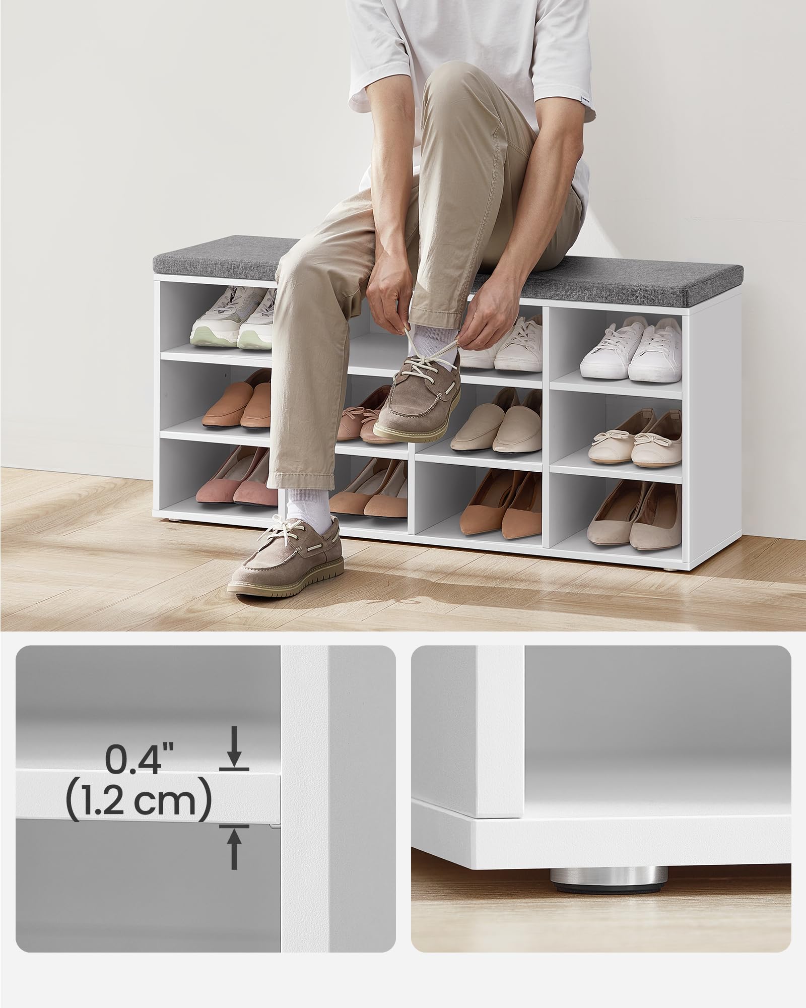 VASAGLE Shoe Storage Bench with Padded Seat | 12 Compartments | Adjustable Shelves | 104 x 30.3 x 48 cm | Cloud White 5