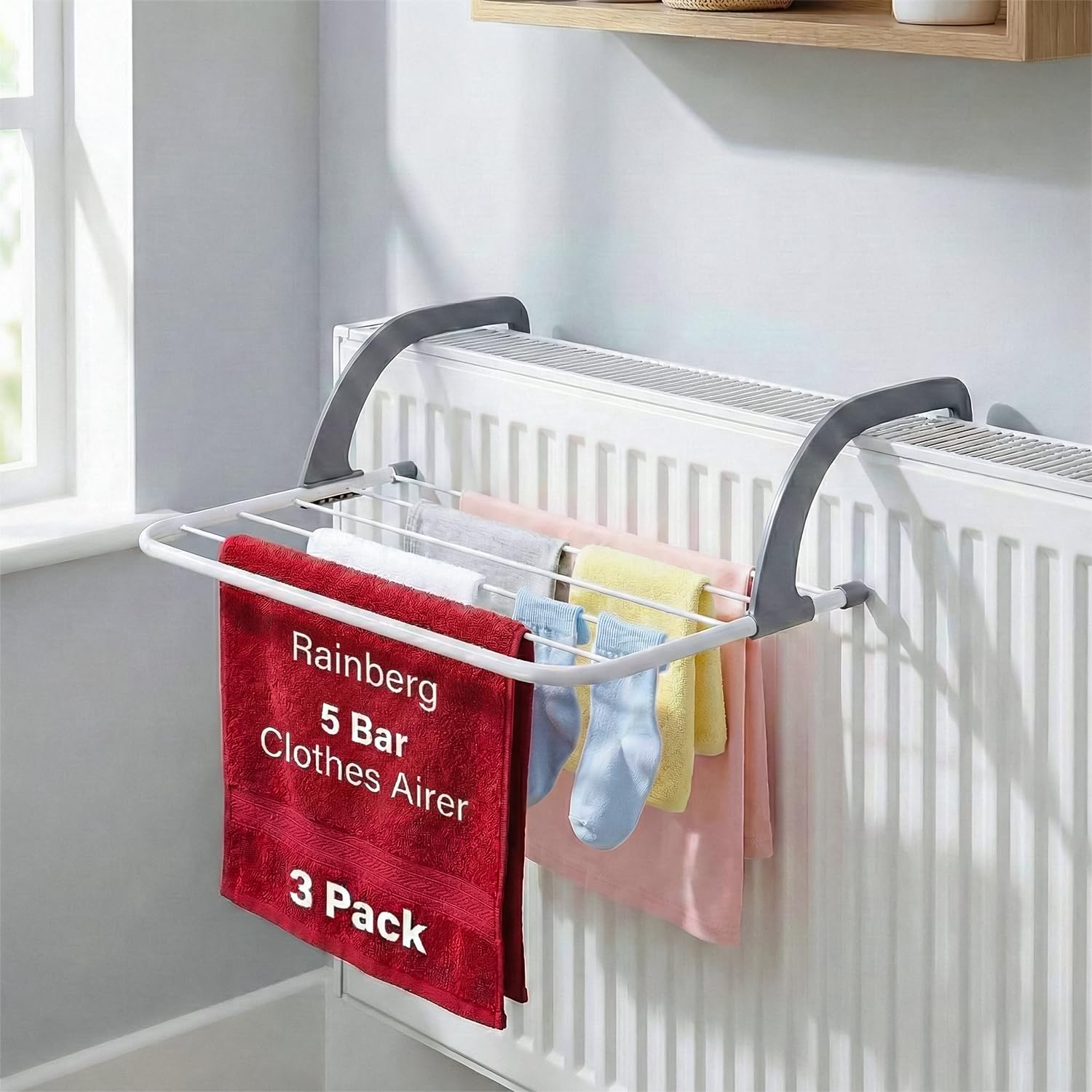 Rainberg 5 Bar Radiator Clothes Airer Rack - Foldable Metal Design | 5kg Capacity 1